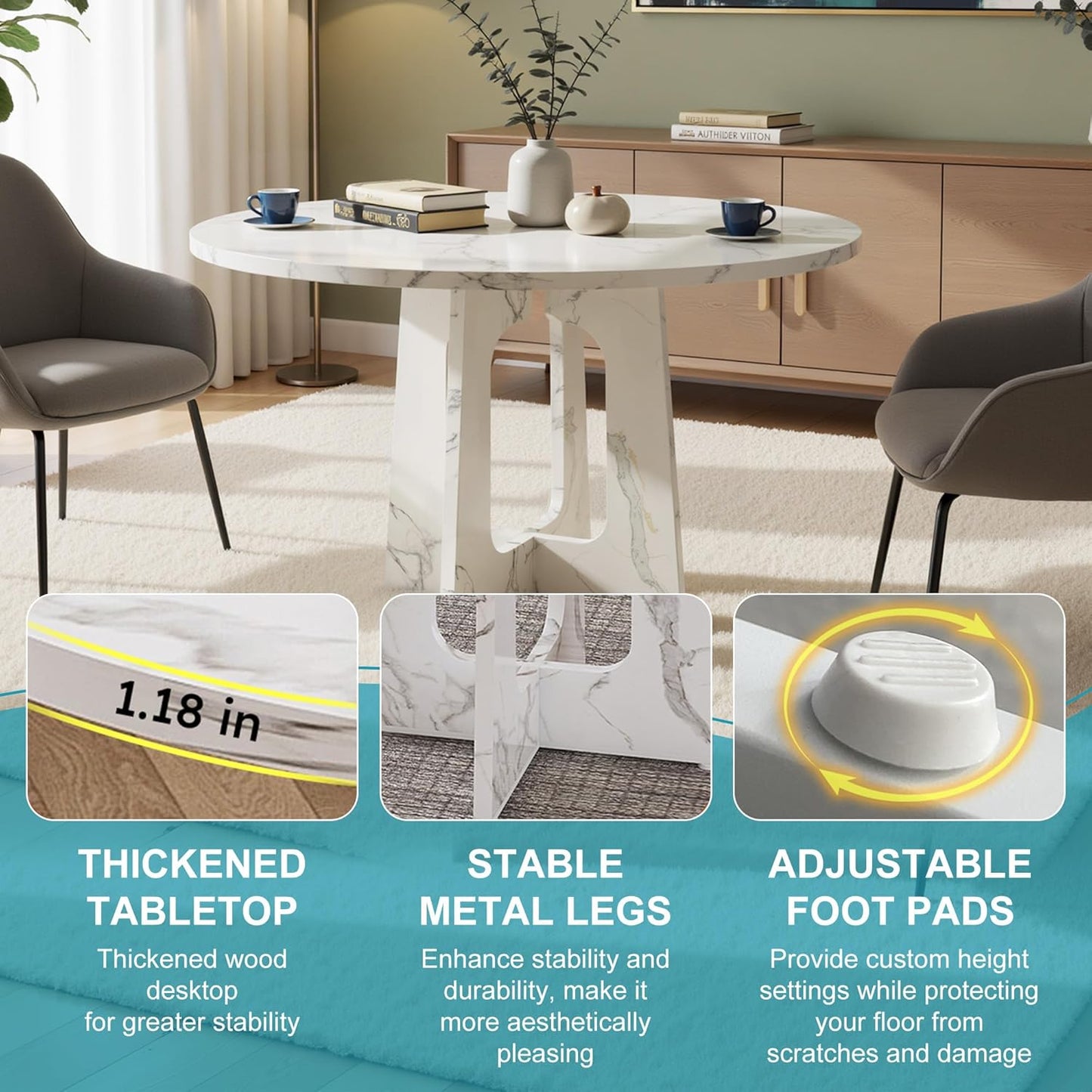 47" Round Dining Table for 4-6, Modern Small Dinner Table Farmhouse Round Kitchen Tables with Marble White Finish for Dining Room, Kitchen, Living Room, Marble White