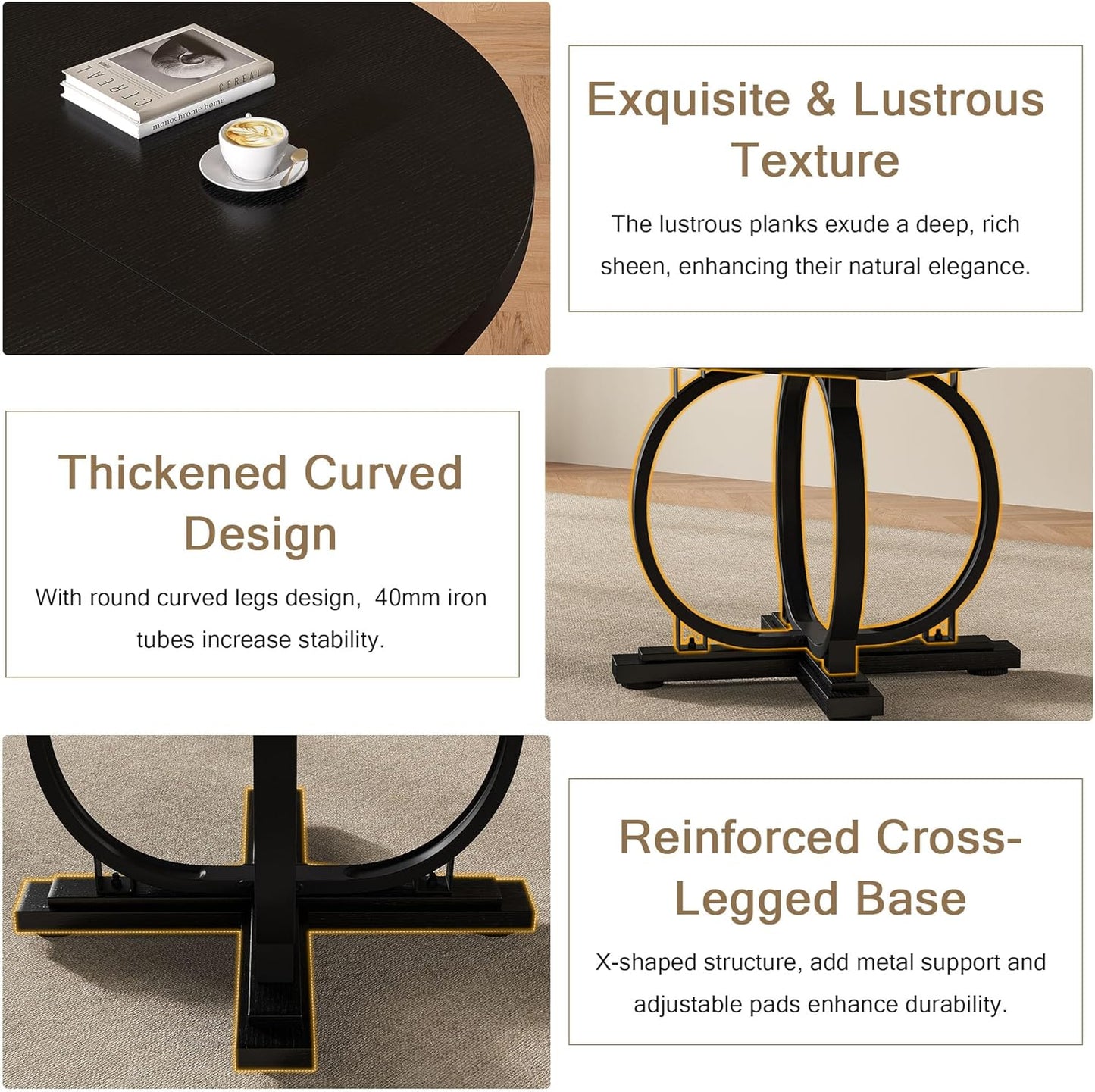 59" Round Extendable Dining Table for 4-6, Modern Oval Kitchen Table with Heavy Duty Curved Legs & Wood X-Based, MDF Board with Spring Buckle, Space Saving, Dining Kitchen Living Room, Black