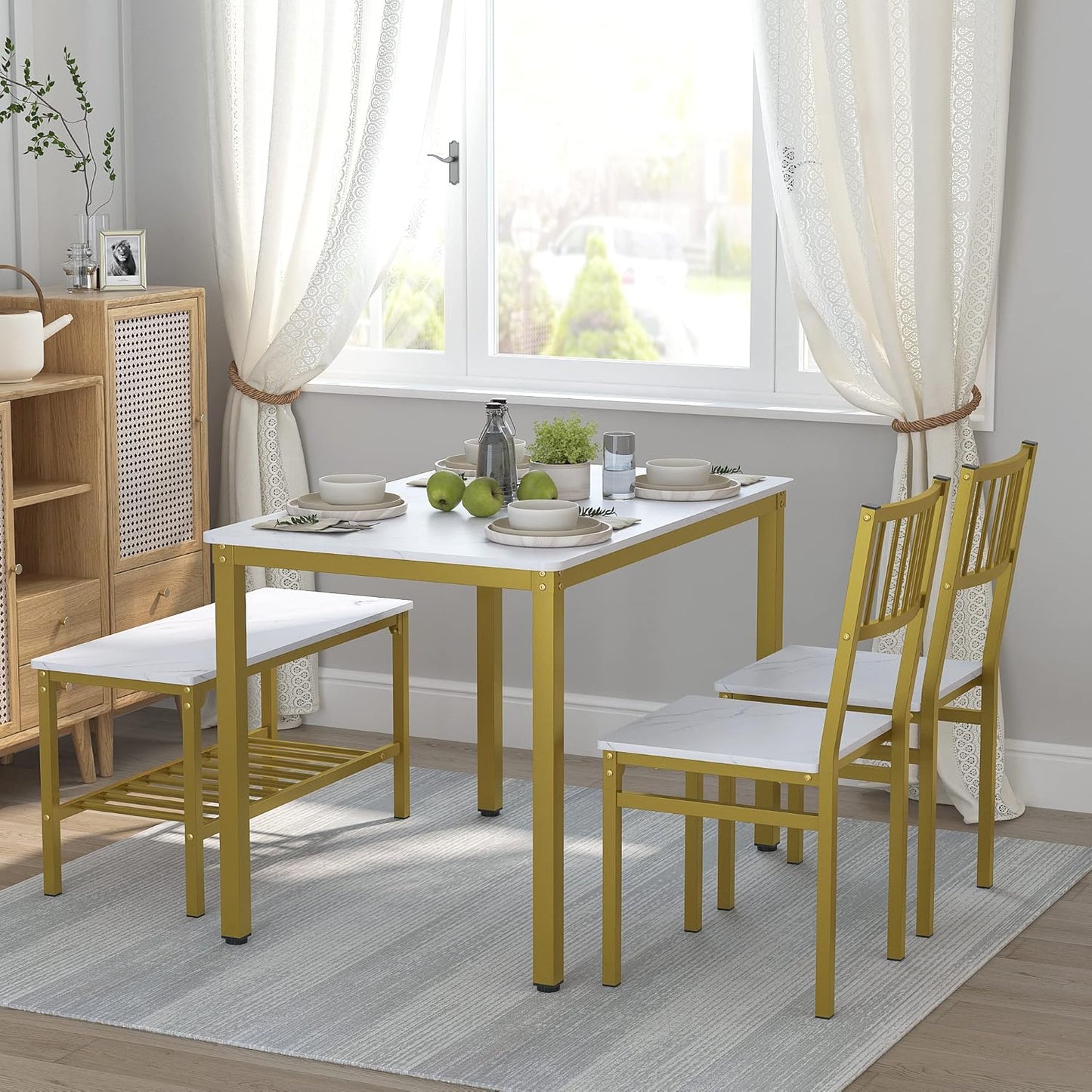 Teraves Dining Table Set for 4/Computer Desk,Kitchen Table with 2 Chairs and a Bench,Table and Chairs Dining Set 4 Picce Set for Dining Room (White Marbling+ Gold Frame,120CM)