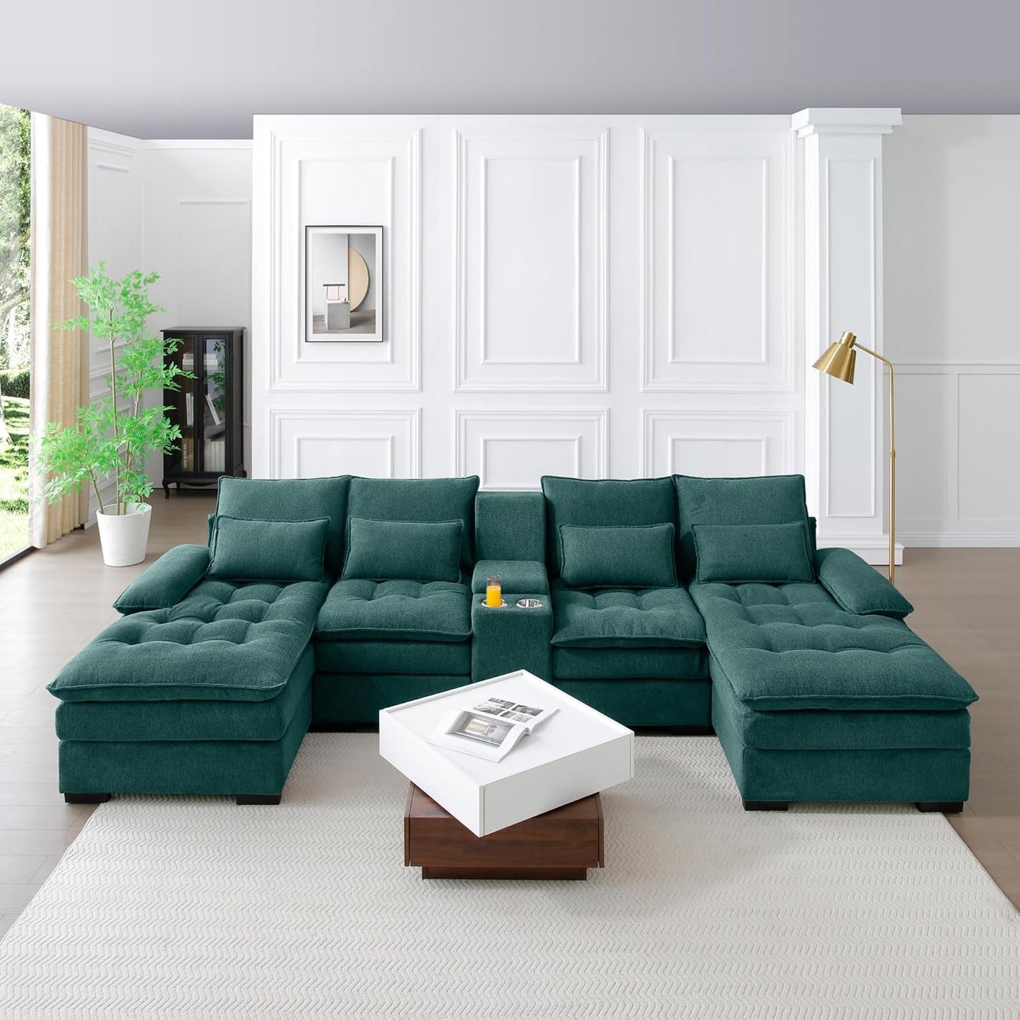 KEIKI 130" U-Shaped 6 seat Sofa with Storage Console, Cup Holders, Upholstered Sectional Sofa, Button Tufted Cloud Cushion Couch for Home, Office, Apartment, Green
