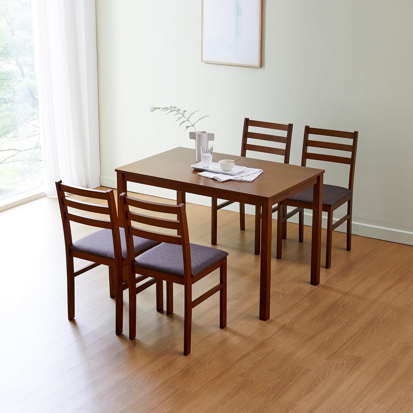 Livinia Seattle 5-Piece Wooden Dining Table Set for 4, Modern Farmhouse Kitchen Dining Room Set with Solid Wood Ladder Back Chairs for Small Space (Antique)