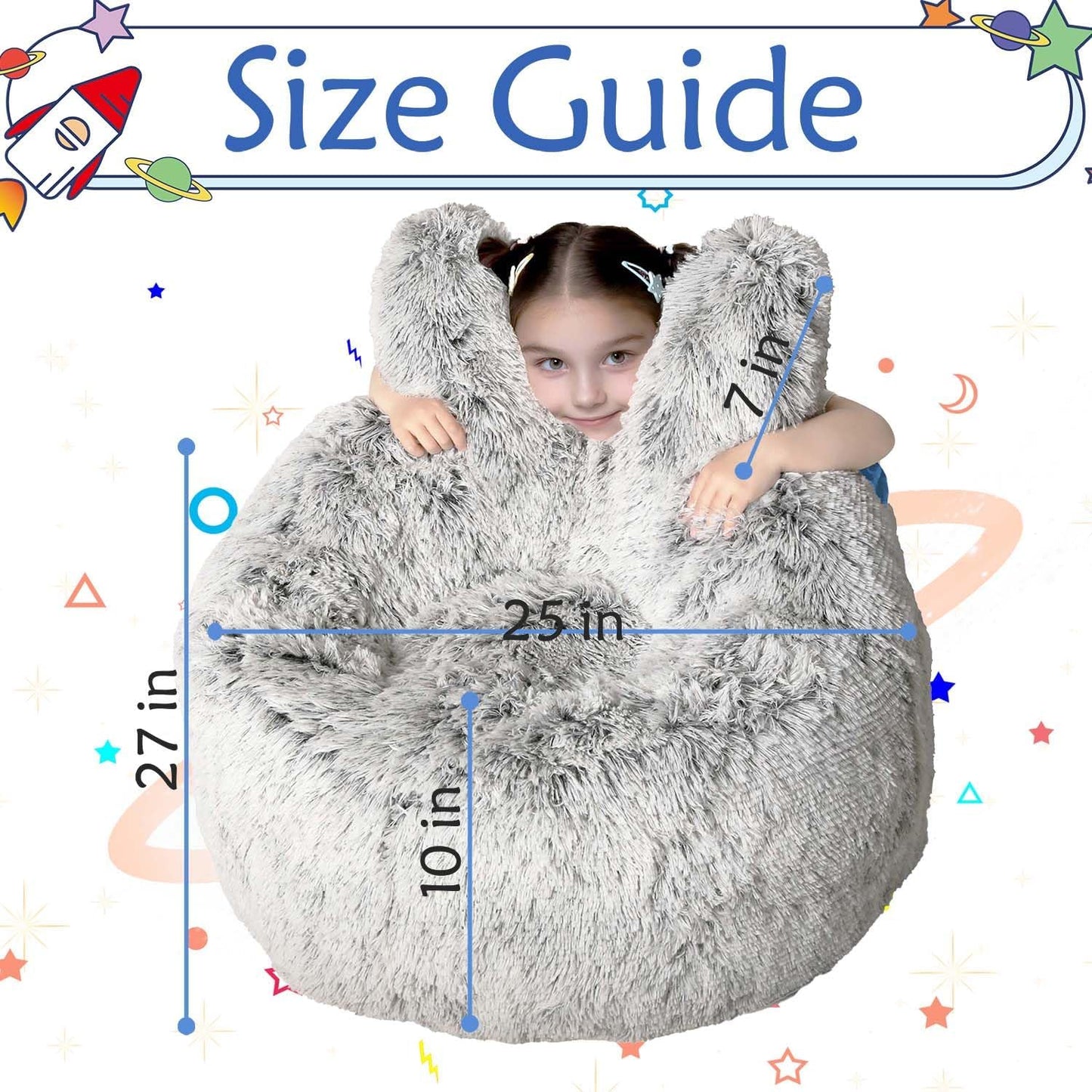 Bean Bag Chair for Kids with Plush Faux Fur Cover, 2.5FT Memory Foam Filled Bean Bag for Teens & Kids, Lazy Sofa for Living Room/Bedroom/Dorm, Rabbit-Ears Design