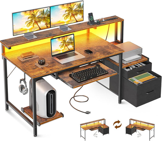AODK Computer Desk with Drawers and Keyboard Tray, 48" Office Desk with Power Outlet and LED Lights, Reversible Study Work Desk with Printer Shelf and PC Stand for Home Office, Vintage