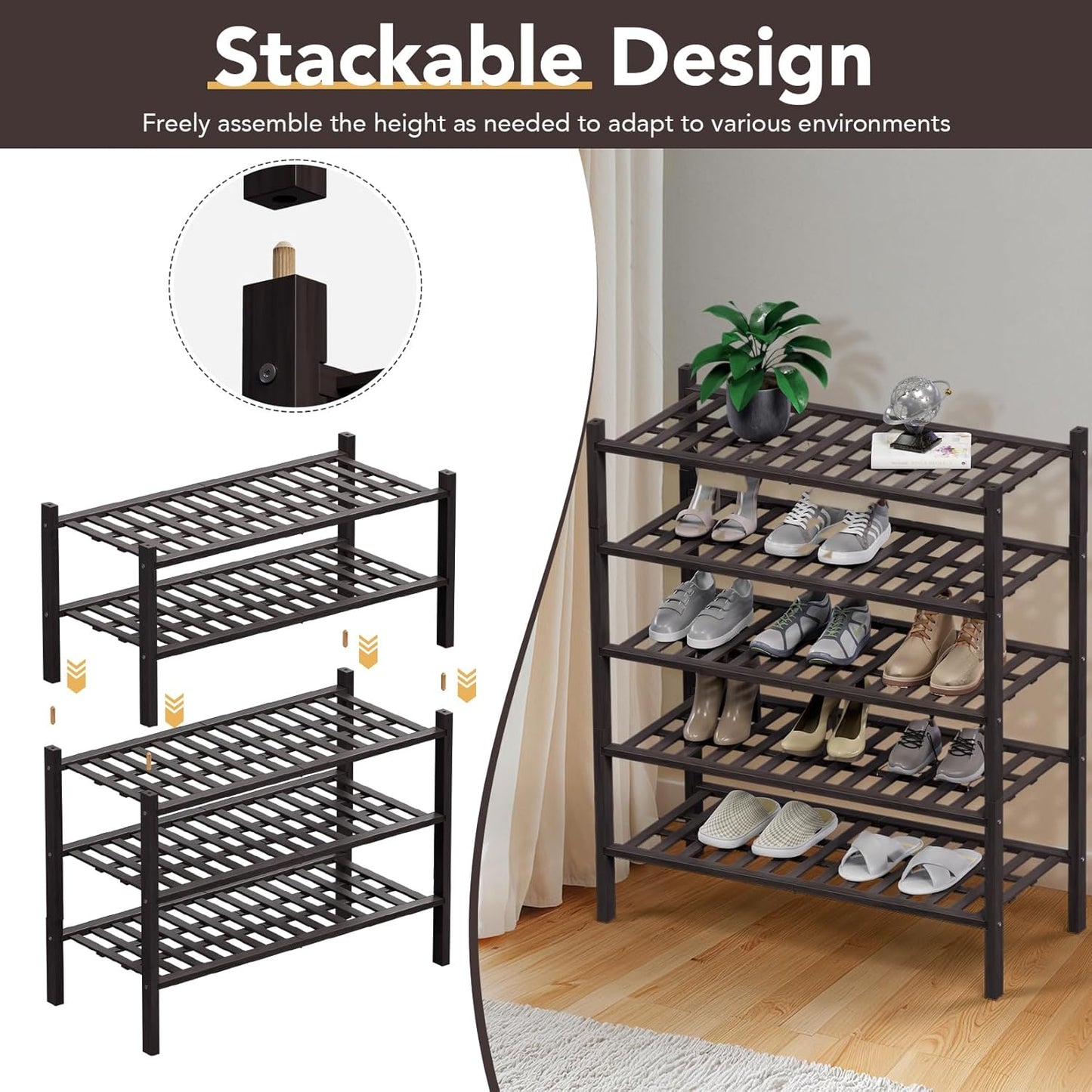 Haddockway 3 Tier Bamboo Shoe Rack Storage Organizer, Multifunctional Free Standing Stackable Shoe Shelf with Grid Panel for Closet,Hallway,Entryway,Small Space 27"x11"x20" (Brown, 3 Tier)