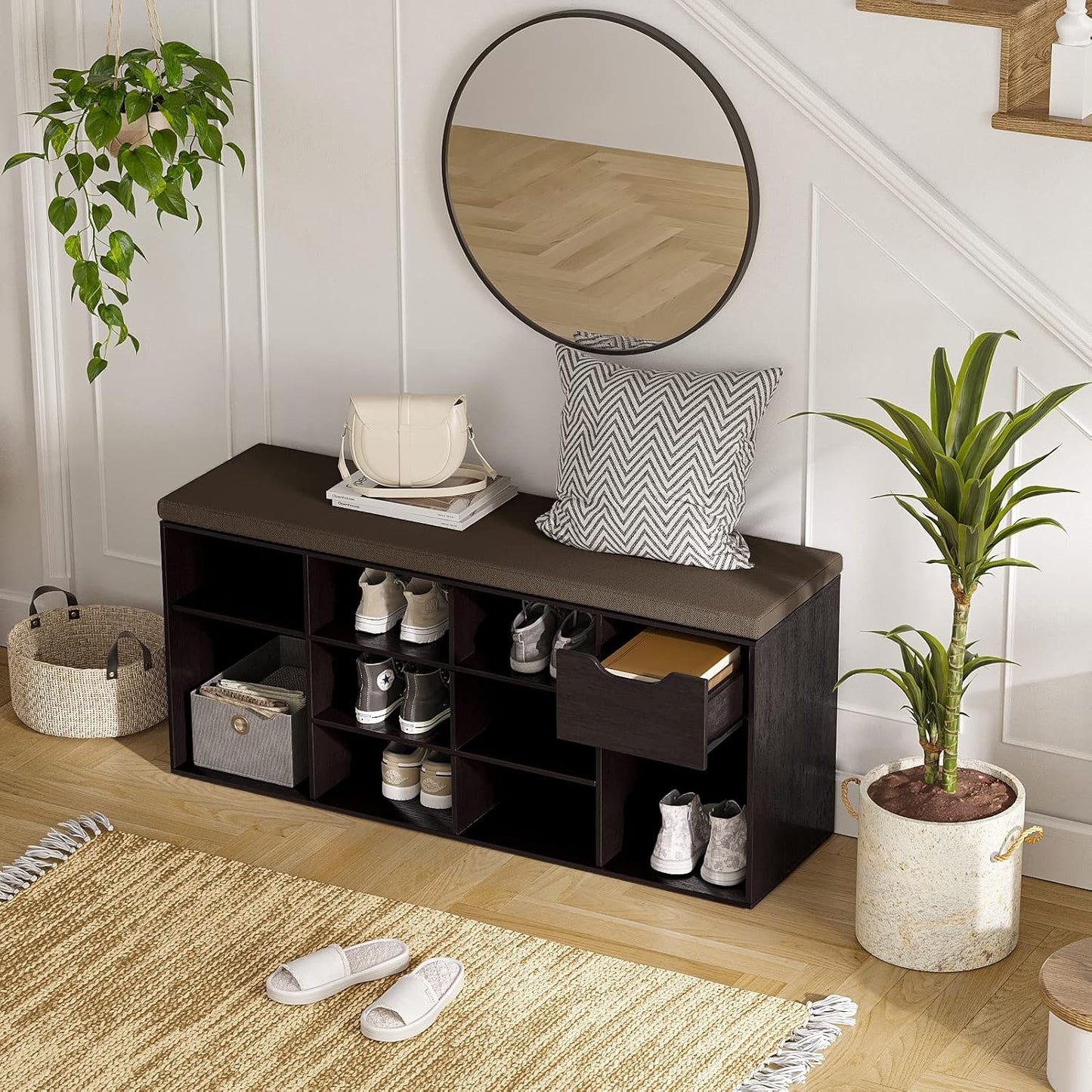 DINZI LVJ Shoe Bench, Entryway Storage Bench with Drawer and 11 Cubbies, Cubby Shoe Rack with Adjustable Shelves, Shoe Organizer Cabinet for Living Room, Bedroom, Mudroom, Closet and Garage, Espresso