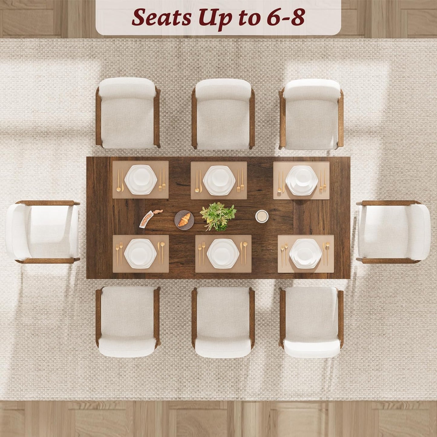 71" Large Dining Table for 6, Farmhouse Kitchen Table with Padded Top and Unique V-Shaped Feet, Rectangular Wooden Dining Table for 8 People for Home, Dining Room, Kitchen, Office, Walnut