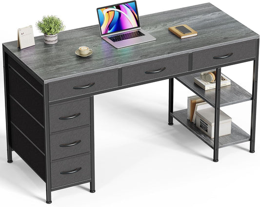 Huuger Computer Desk with 6 Drawers, 47 Inch Office Desk with Shelves, Reversible Gaming Desk, Corner Desk with Storage, for Home Office Study, Living Room, Gray