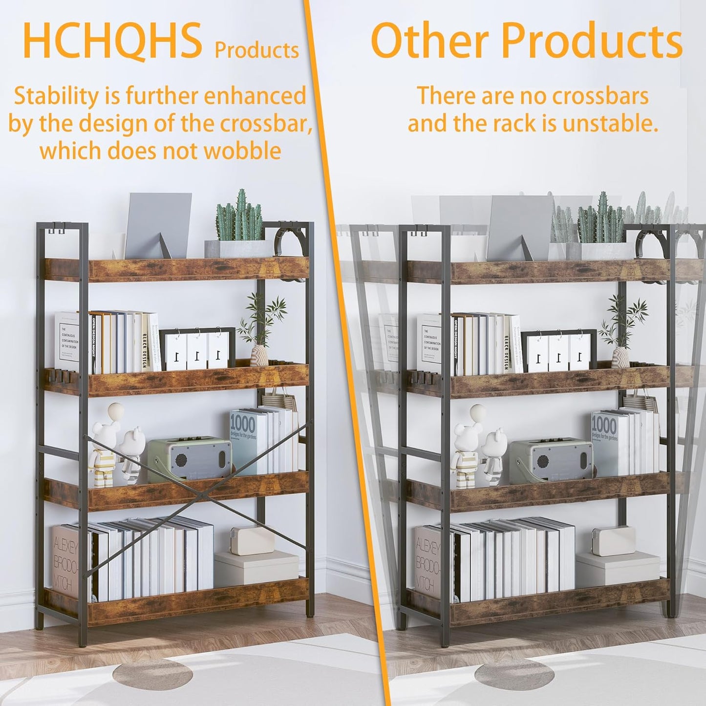 HCHQHS 4 Tier Bookshelf, Adjustable Industrial Bookcase, Vertical Tall Book Shelf, Wood and Black Metal Open Bookshelves for Home Office, Living Room, Bedroom