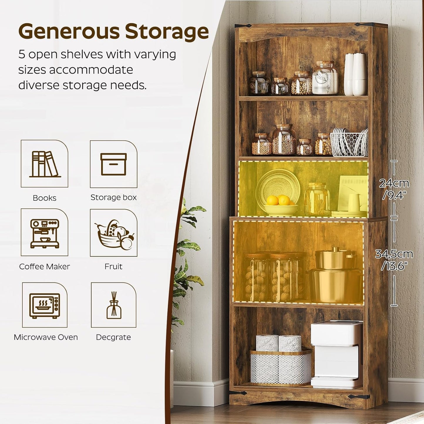 Tall Bookcase and Bookshelf, 6-Tier Bookcase with Storage, 63" Wooden Bookshelf, Farmhouse Freestanding Display Storage Shelves for Home Office, Living Room, Rustic Brown SJ09BR