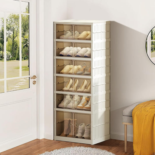 ELPHECO 6 Tier 12 Pairs Foldable Shoe Rack Shoe Organizer with Magnetic Doors, Entryway Folding Shoe Shelf, Easy Assembly Sneaker Cabinet, Plastic Shoe Storage Container Bins