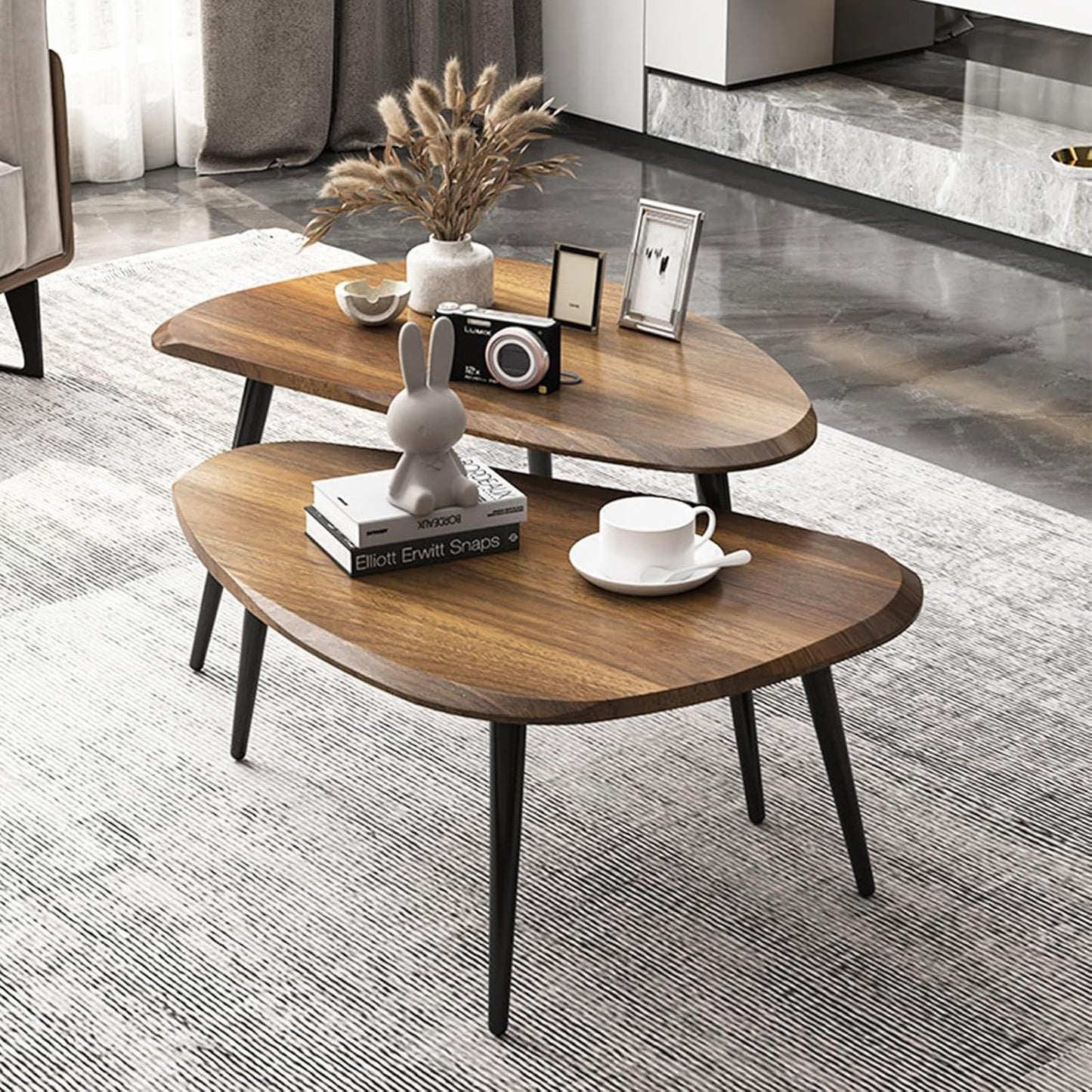 Midcentury Nesting Coffee Table Set of 2, Mid Century Modern Walnut Wood Oval Coffee Tables for Living Room, Compact Coffee Table and Side Table Set for Sofa Bedside Office Balcony or Small Spaces