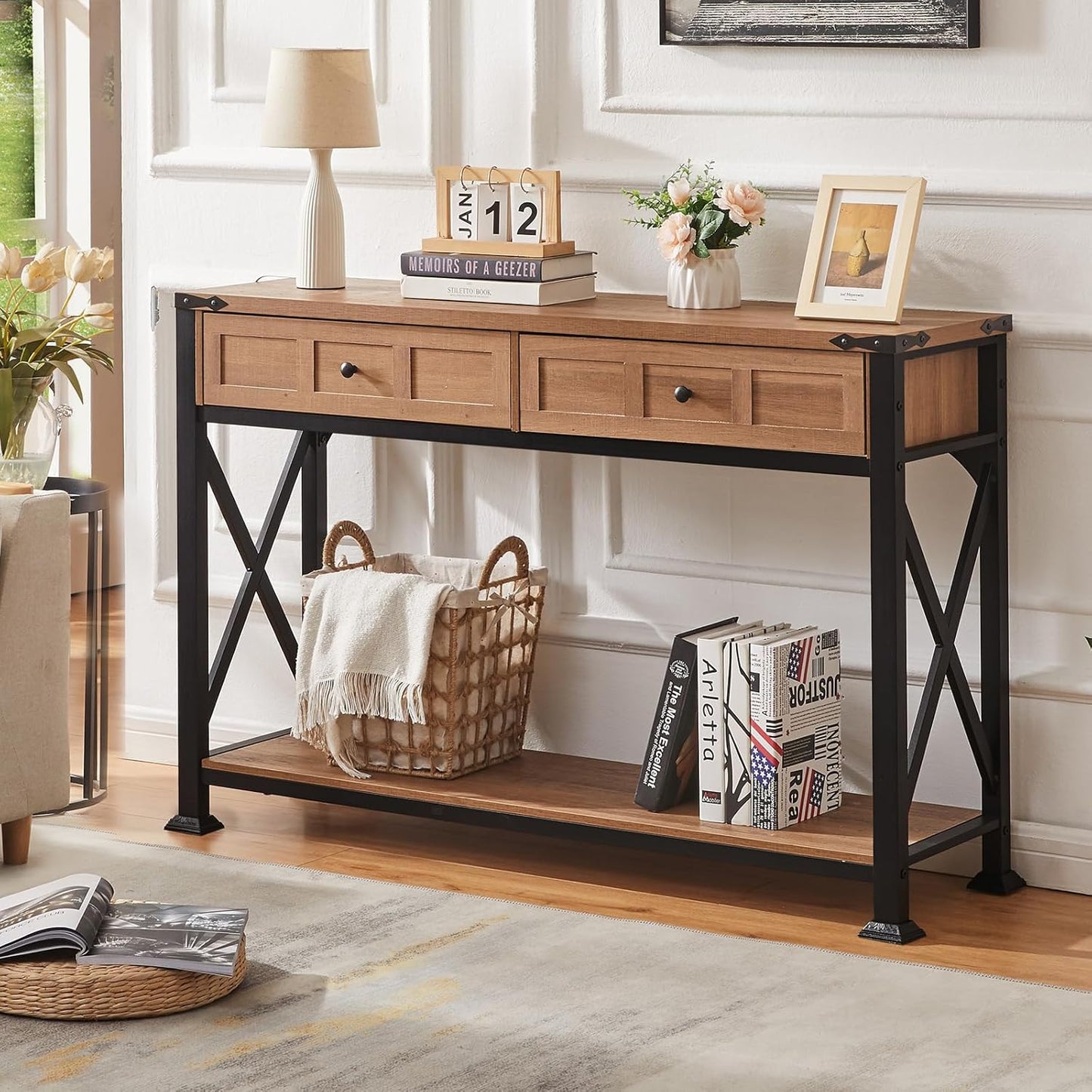 HOMBAZAAR Entryway Table,Rustic Console Table with 2 Drawers, Industrial Console Tables with Storage for Entryway, Hallway, Living Room,Brown,47 Inch