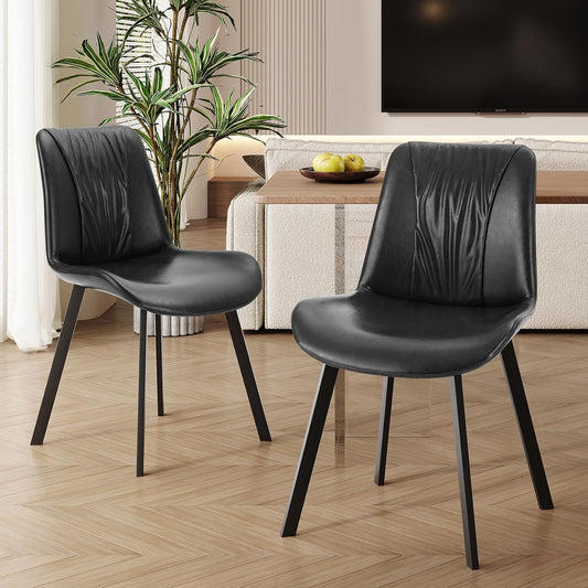Upholstered Dining Chairs Set of 2, Modern Kitchen & Dining Room Chairs, Faux Leather, Sturdy Metal Legs, for Living Room, Cafe & Restaurant- Black
