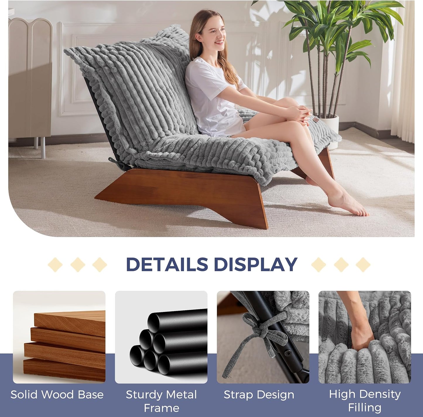 MAXYOYO Adjustable Living Room Chair, 3-Position Bean Bag Chair with Removable Cover, Upholstered Accent Chair with Frame, Soft Reclining Lounge for Bedroom, Apartment, Office, Grey