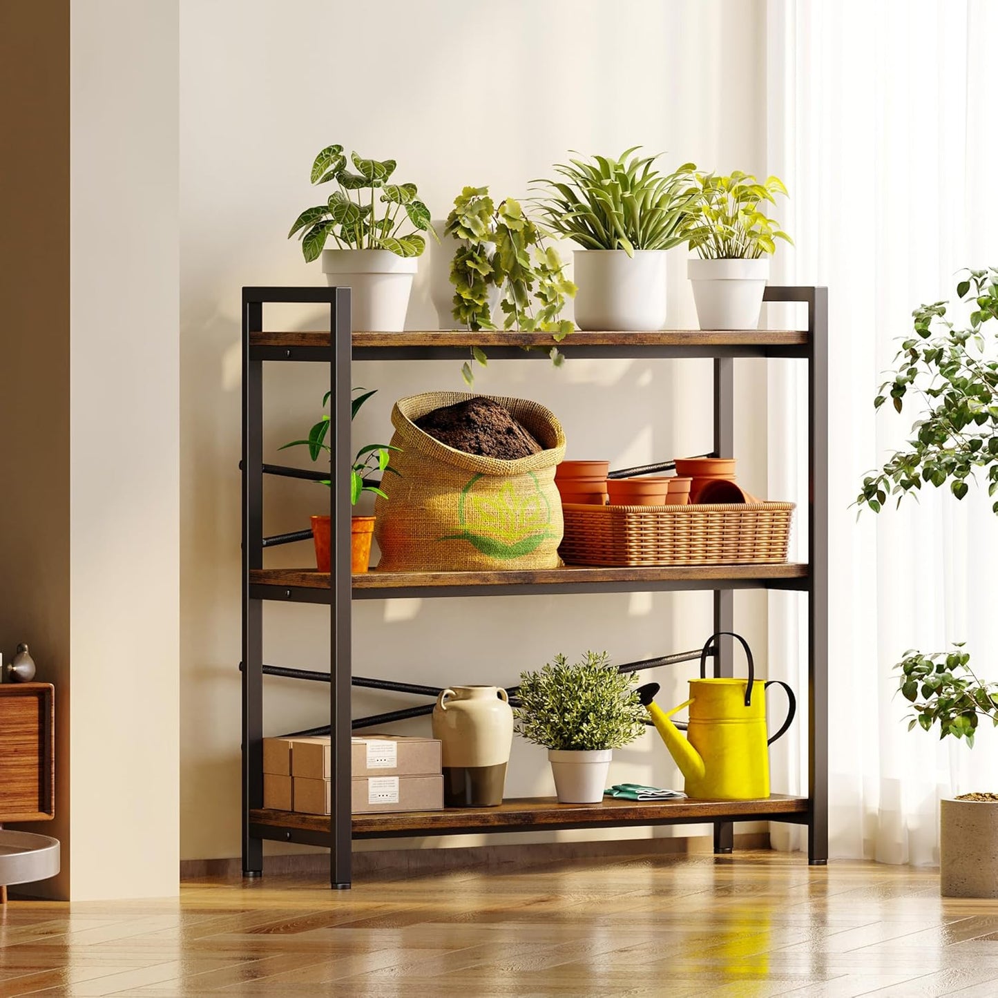 Book Shelf, 3 Tier Bookshelf 31.49" Width, Book Shelf Storage and Organization, Wooden and Metal Industrial Bookcase, Large Book Shelves for Home Living Room Bedroom Office Storage(Vintage)