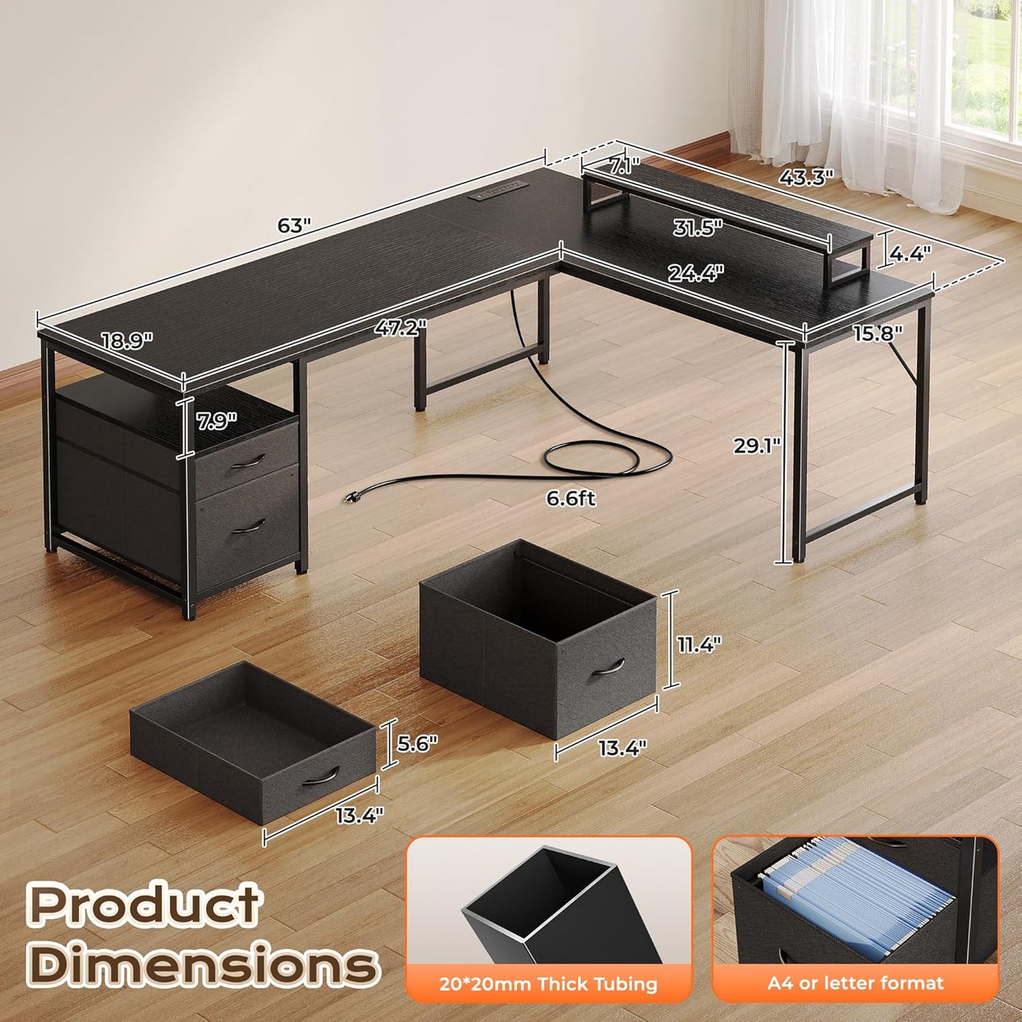 PRAISUN 63 Inch L Shaped Desk with Power Outlets and USB-C Port, Computer Corner Home Office Desk with File Fabric Drawers and Movable Monitor Stand, Larger Storage, Gaming, Writing, Work, Black