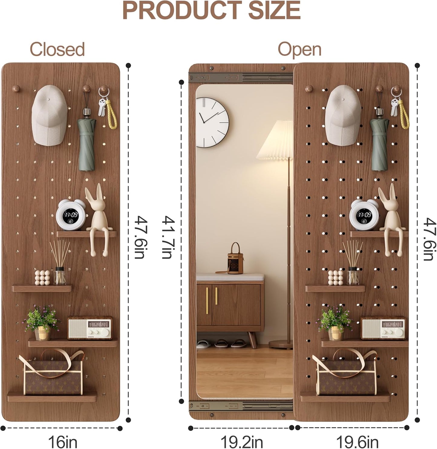 KungFuWood Full Length Mirror with Shelf and Hooks,Entry Way Mirrors for Wall,Wall Mirror with Shelf,Wall Mirror with Storage Multifunctional Design Panel,Living Room