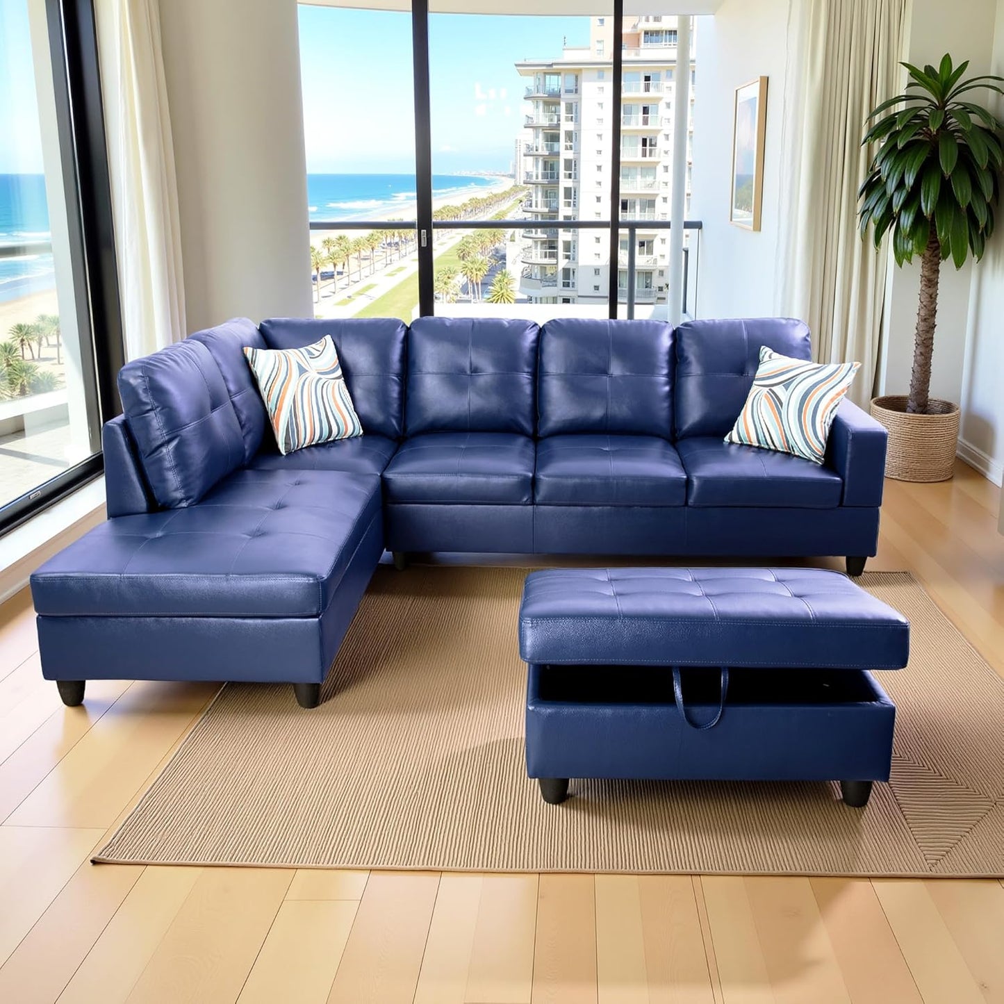 L Shaped Couch PU Leather Sectional Couch Upholstered 3 Pieces Sofas for Living Room with Chaise, Storage Ottoman for Office and Small Apartment, Blue