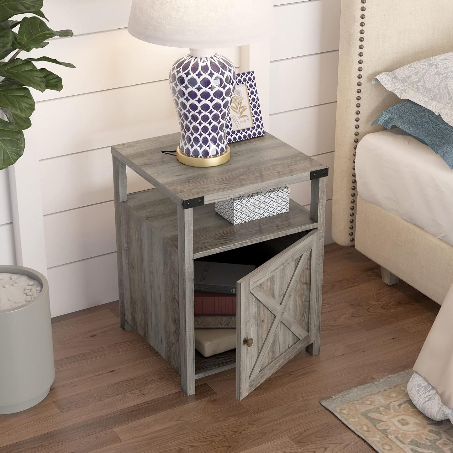 Farmhouse Nightstand with Charging Station, Rustic End Table Bedroom with Storage Living Room Side Table Grey Night Stand Industrial Bedside Bed Table with USB Ports and Outlets