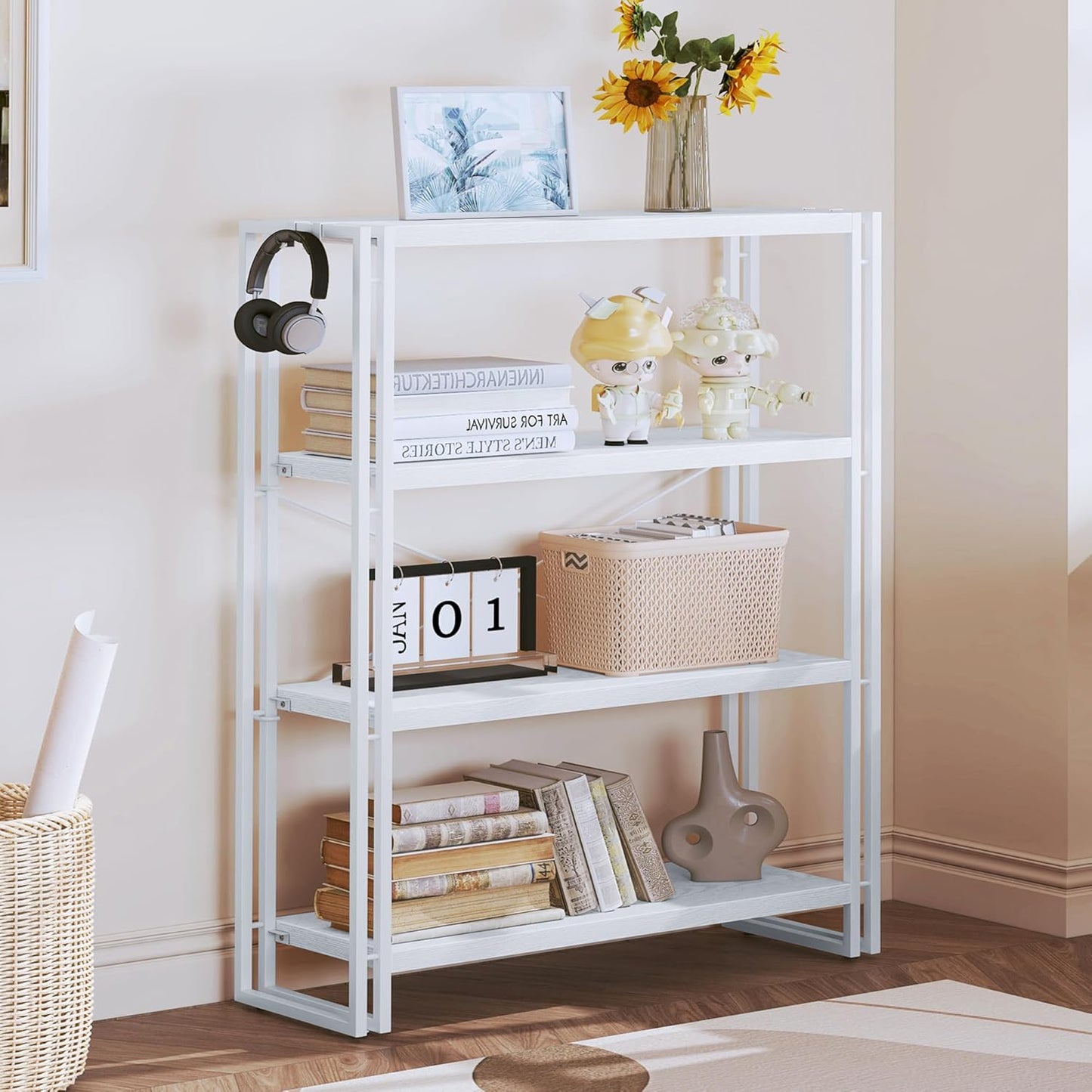 HCHQHS Bookshelf, 4-Tier Industrial Bookcase, White Open Book Shelf, Freestanding Tall Bookshelves with Metal Frame