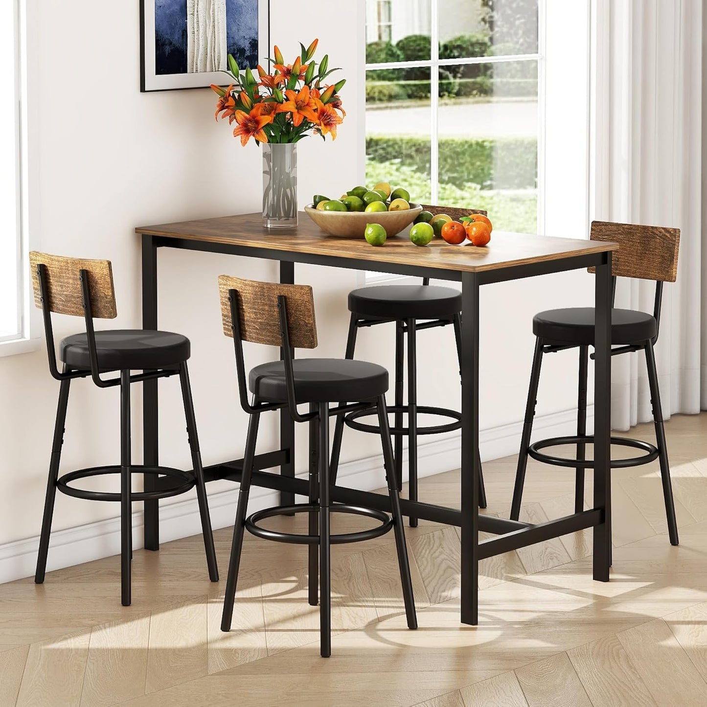Tatub Bar Table and Chairs Set of 4, 5 Piece Counter Height High Breakfast Table Chairs Set of 4 for Dining Room, Brown