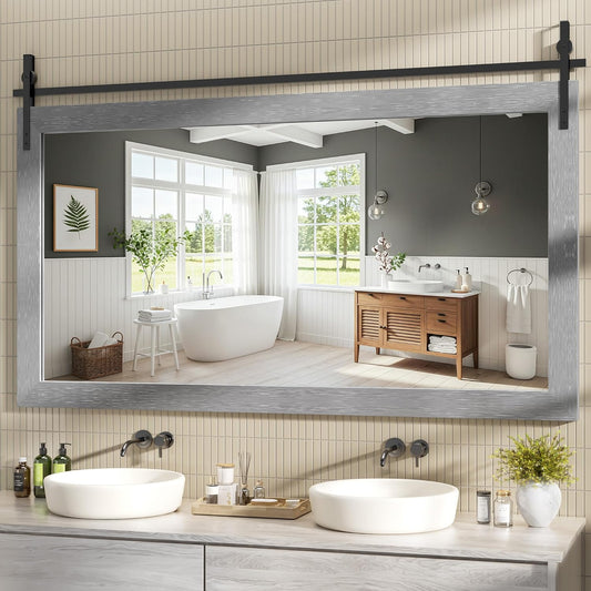 Hasipu Farmhouse Bathroom Mirror, 60"x30" Rustic Wood Framed Wall Mounted Mirror, Gray Vintage Vanity Mirror Barn Door Style Decrative Mirrors