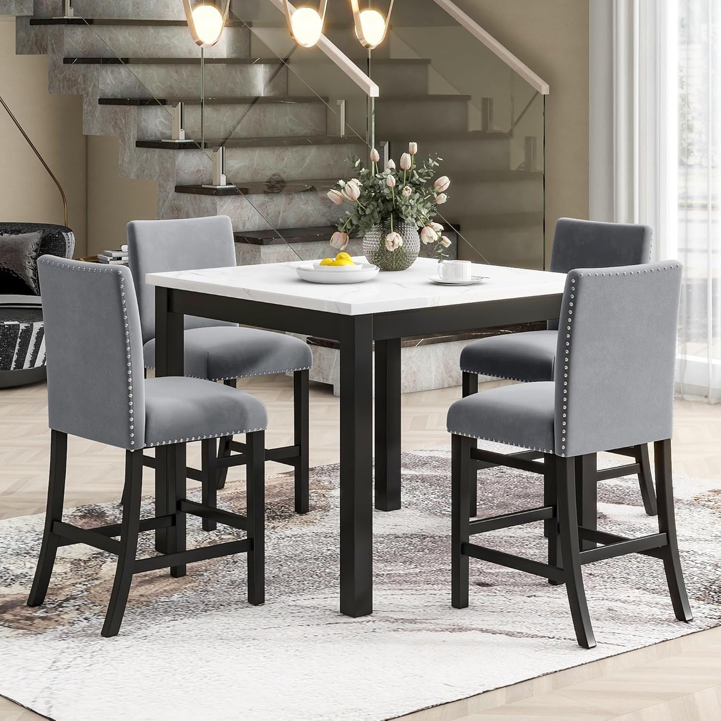 Ball & Cast 5 Piece Dining Table Set with 4 Velvet-Upholstered Chairs,Living Room Furniture W/ 35" Rectangle Faux Marble Top Table,for Restaurant,Home Bistro,Grey
