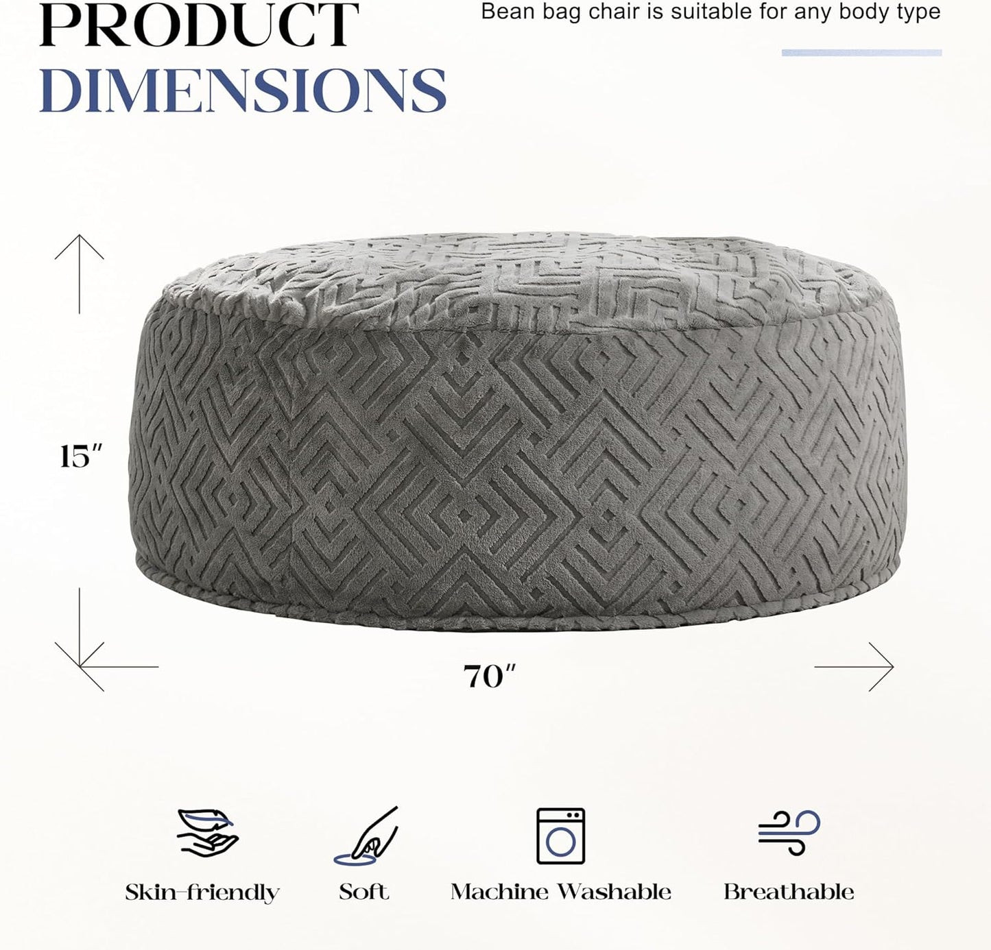 Hobestluk Bean Bag Chairs Adults Beanbag Chair with Filler Large Bean Bags with Fluffy Embossed Cover, Giant Bean Bag Chairs for Adults (Grey, 6FT - 70" x 70" x 15")