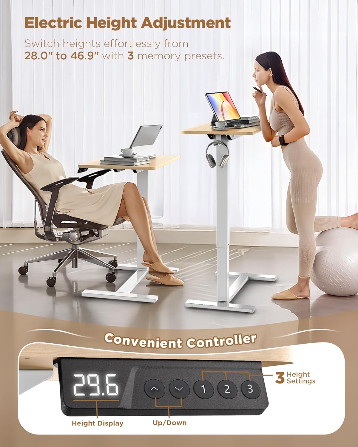 Electric Adjustable Height Standing Desk - Small Sit Stand Portable Rolling Laptop Table with Hidden Wheels, Small Computer Workstation for Bedside & Home Office Use (28"x16", Oak)