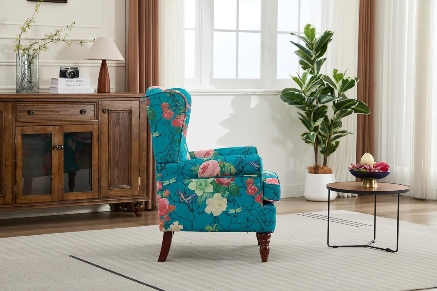 Ball & Cast Modern Accent Chair,Comfy Upholstered Armchair with Retro Wood Legs,Floral Design Single Sofa Chair,Living Room Furniture for Apartment,Bedroom,Office,Linen Fabric,Floral Cyan