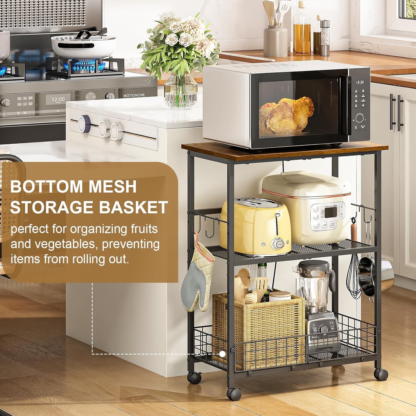Rolling Kitchen Microwave Stand, 3-Tier Microwave Cart Table with Wood Top and Wire Basket, Coffee Bar Table on Lockable Wheels, Small Baker’s Rack Shelf Organizer for Kitchen, Dining Room, Office