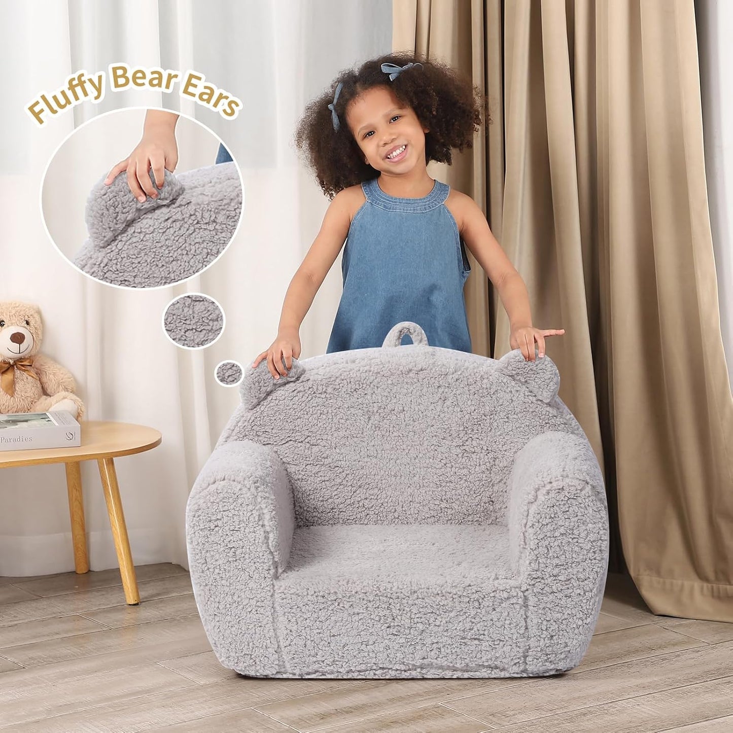 Kids Snuggly-Soft Sherpa Chair, Teddy Bear Cuddly Toddler Foam Chair for Boys and Girls, Grey