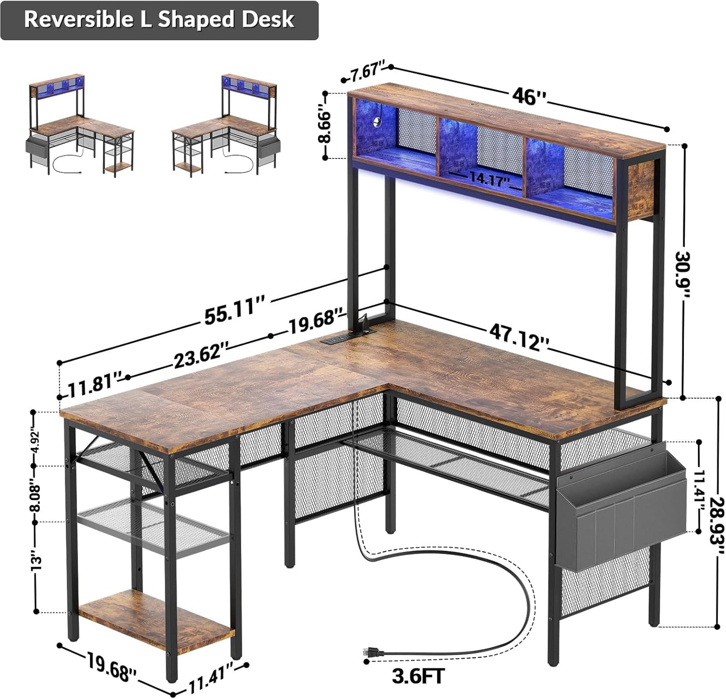 Unikito L Shaped Computer Desk with LED Strip and Power Outlets, Reversible L-Shaped Corner Desk with Storage Shelves and Bag, Rustic Brown