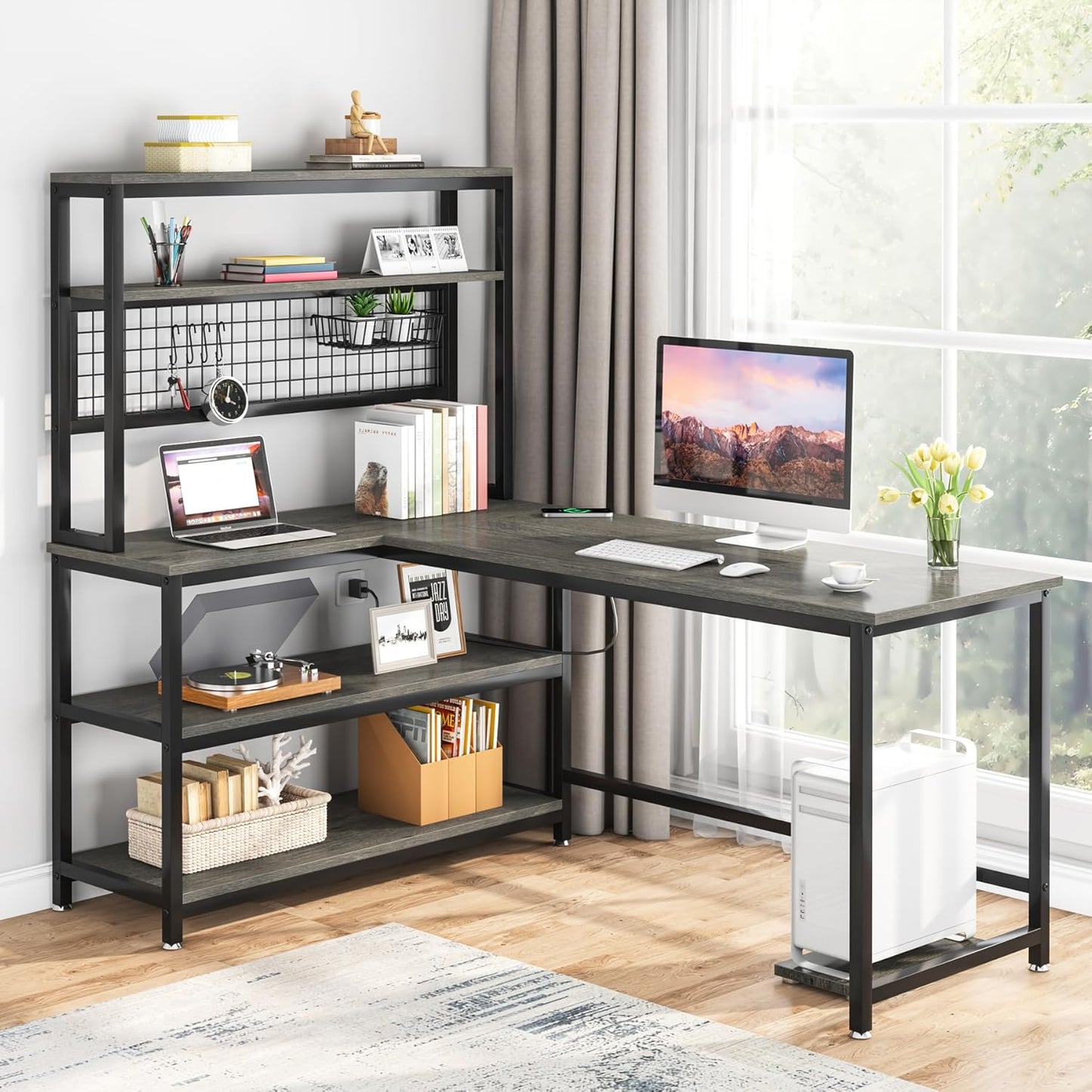 Tribesigns 55" Large Computer Desk with Wireless Charging 5 Storage Shelves, Office Desk Study Table Writing Desk Workstation with Hutch Bookshelf for Home Office(Gray)