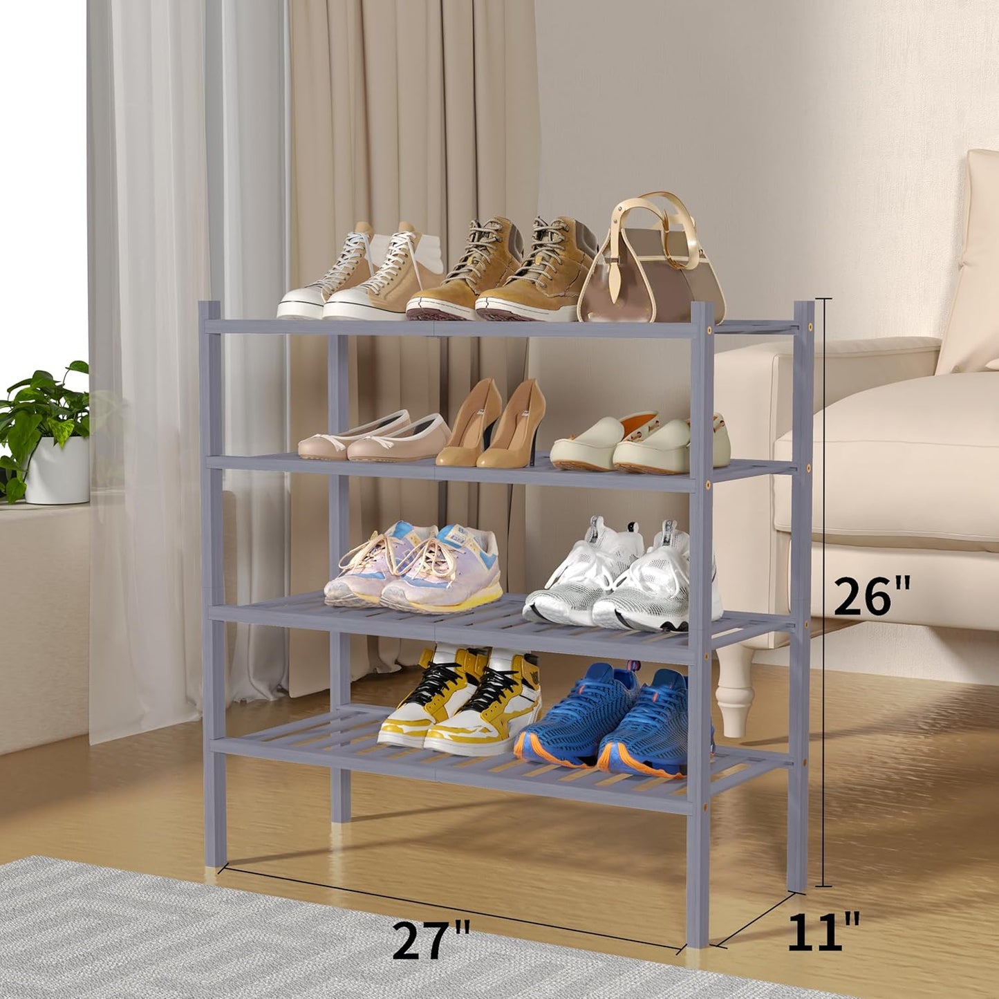 4 Tier Bamboo Shoe Rack for Closet Free Standing Wood Shoe Shelf for Entryway Small Space Stackable 27"x11"x26" (Grey)
