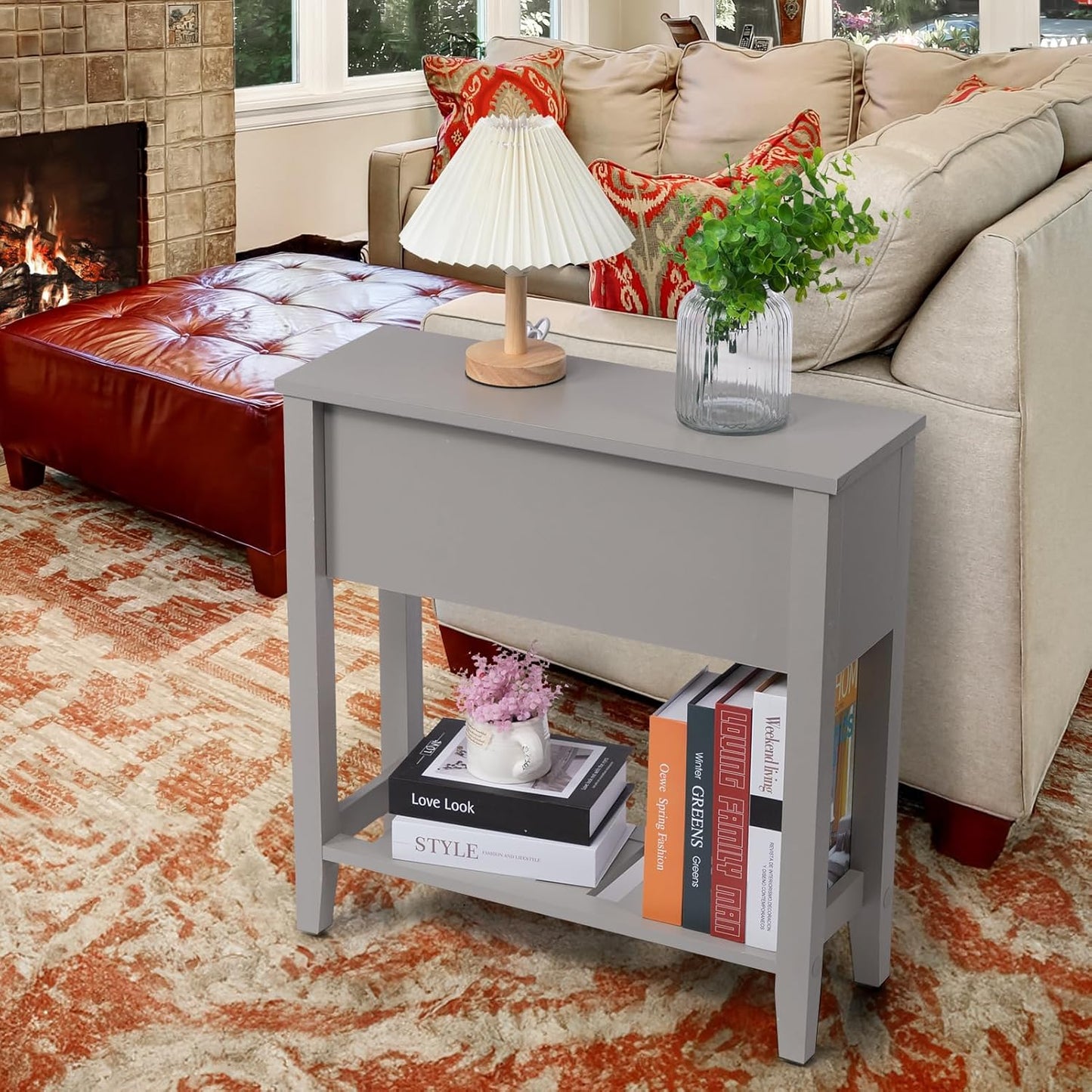 Gery Chairside Narrow End Table, Solid Recliner Side Table with Drawer, Slim Nightstand Bedside Table for Living Room Bedroom