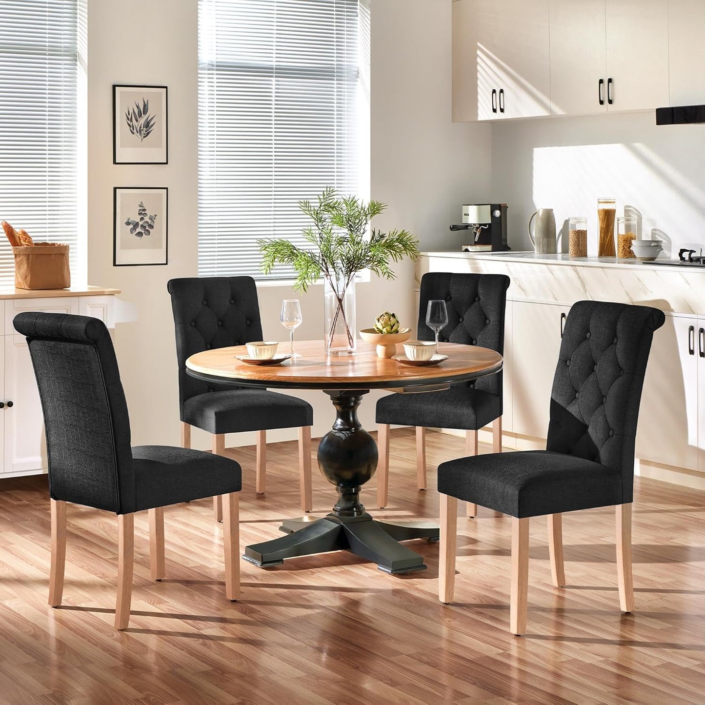 Yaheetech Dining Chairs Set of 4 Fabric Upholstered Button Tufted Dining Chairs with Solid Wood Legs and for Home, Kitchen, Restaurant, Black