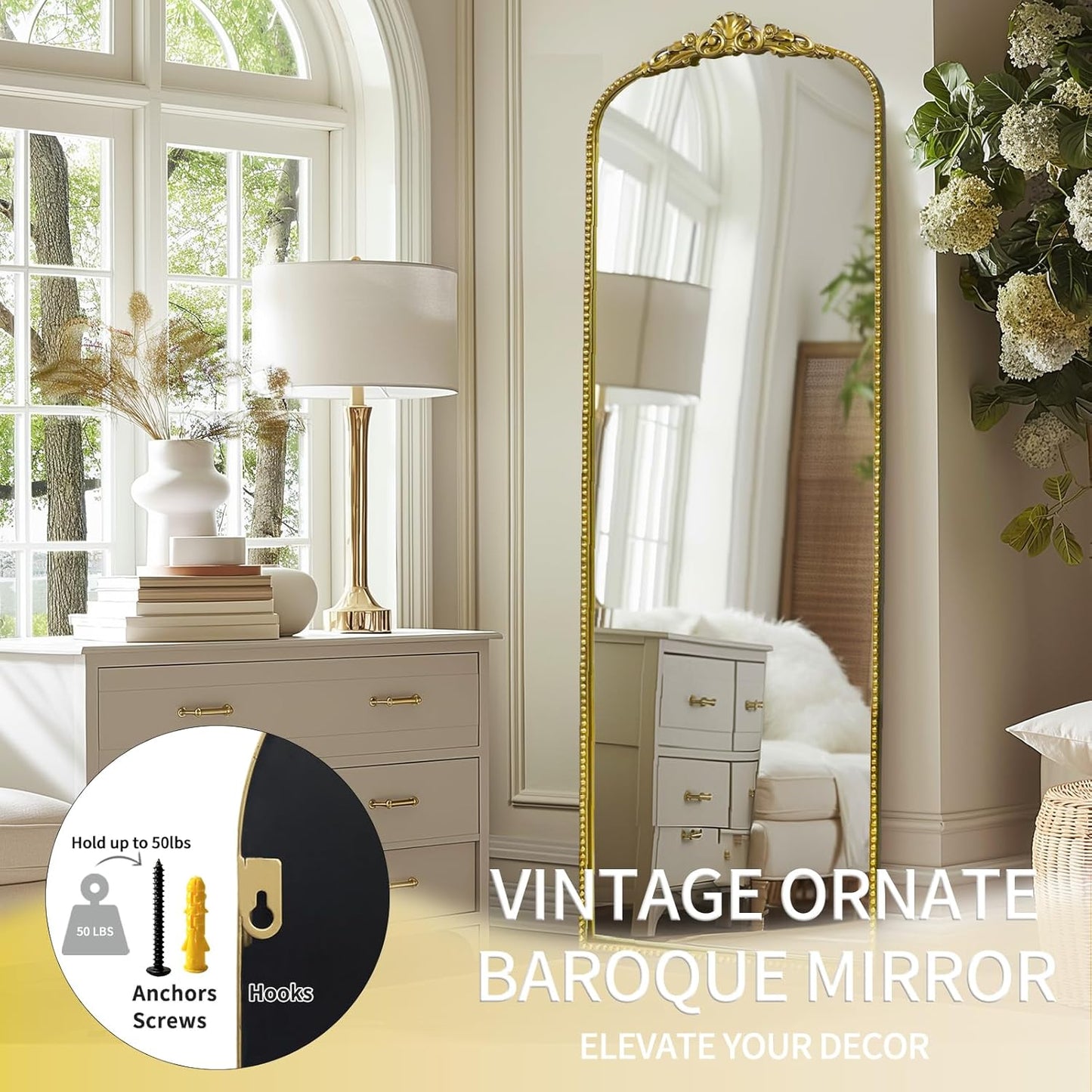 G-LEAF Vintage Full Mirror 22"X65", Victorian Antique Baroque Mirror with Brush Gold Ornate Metal Frame for Fireplace Entryway Living Room Hallway Bathroom