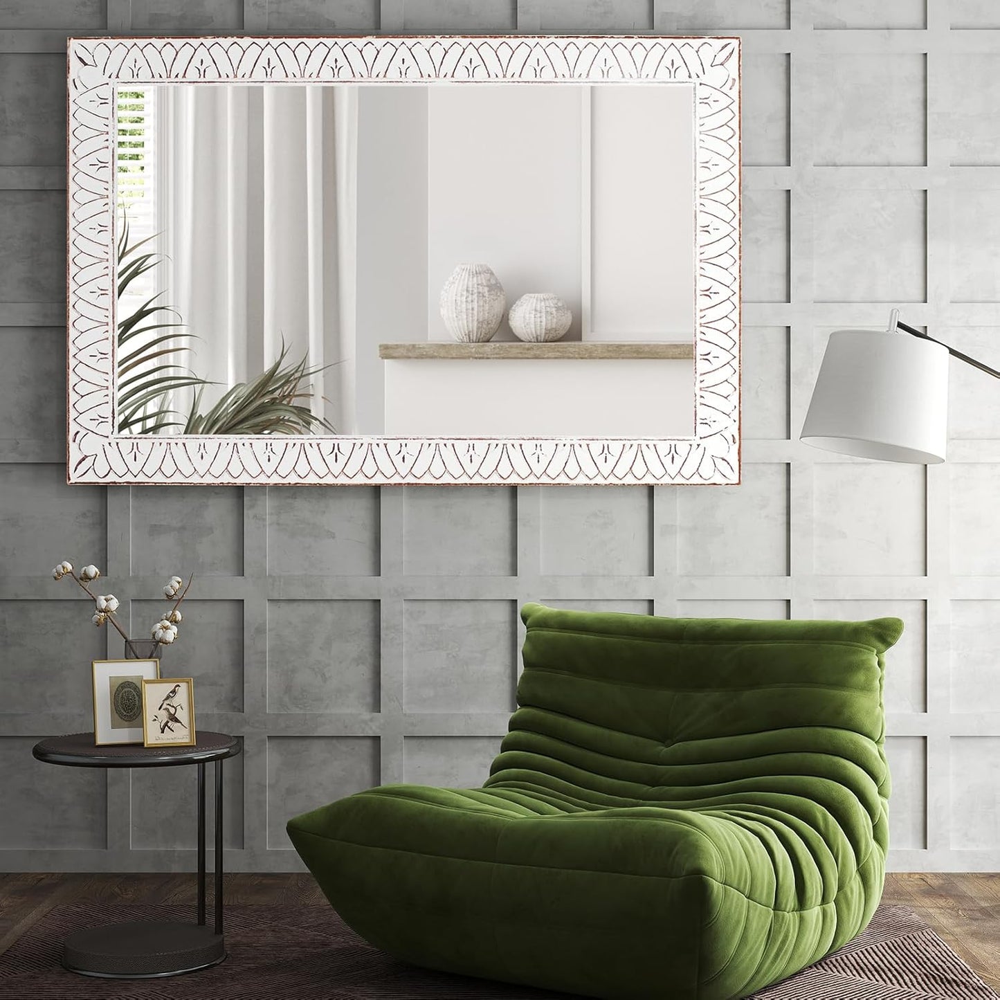 36x24 Inch Farmhouse Rectangle Wall Mirrors with Wooden Frame, Rustic Decorative Rectangular Mirror for Living Room, Bedroom, Bathroom, Entryway - Vertical/Horizontal Hanging
