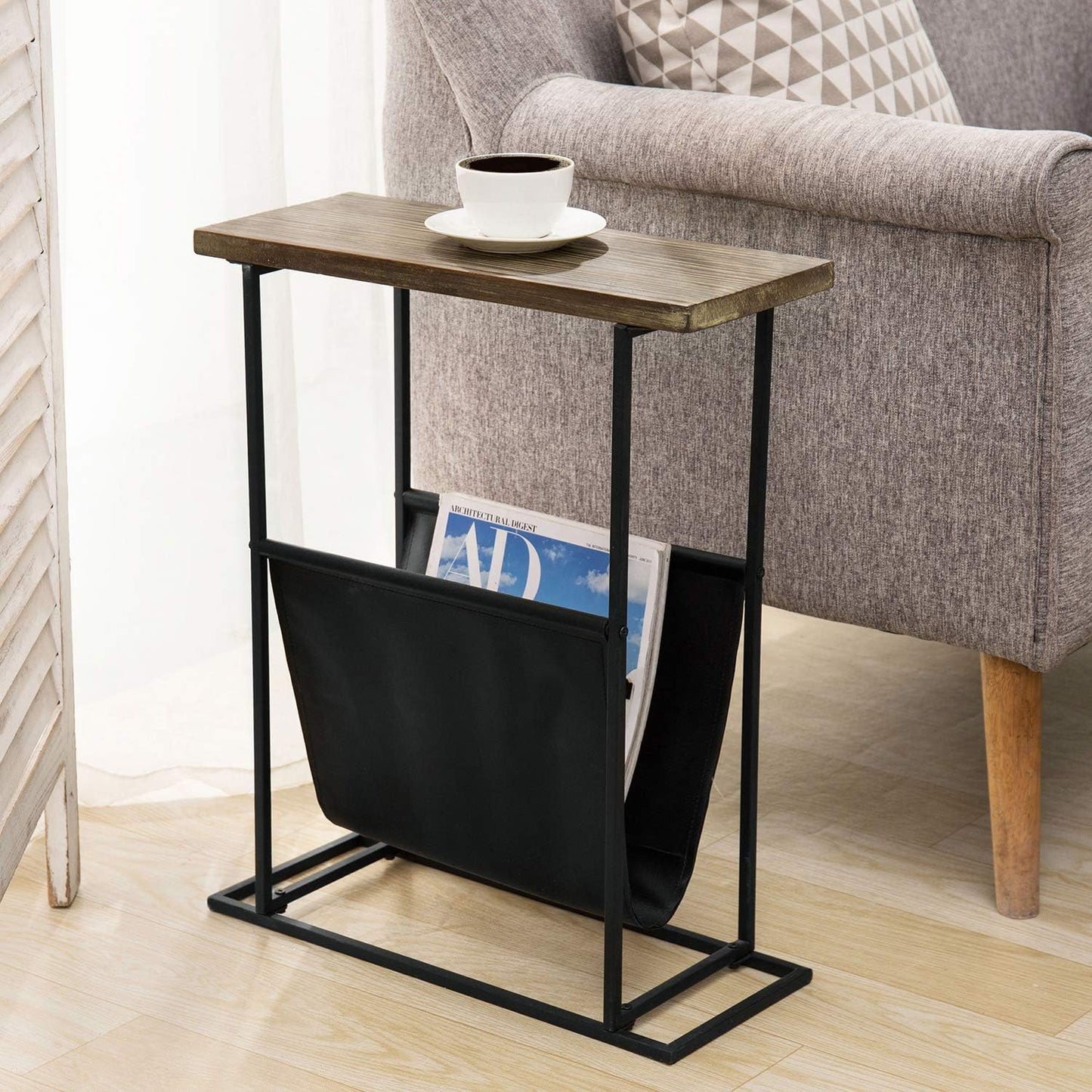 MyGift 21-Inch Modern Narrow Living Room End Table with Hand Torched Solid Wood Tabletop and Black Metal Frame, Bedroom Nightstand Side Table with Magazine Holder Sling