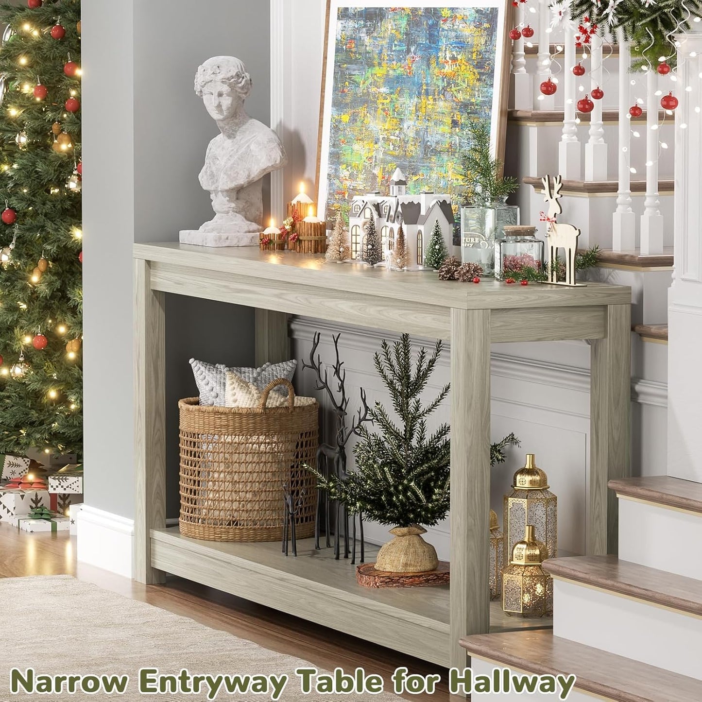 47" Farmhouse Wood Entryway Table Narrow Console Table with Storage Behind Couch Sofa Table with Shelves Entry Way Table with Open Storage, Easy Assembly, Classical Washed Oak