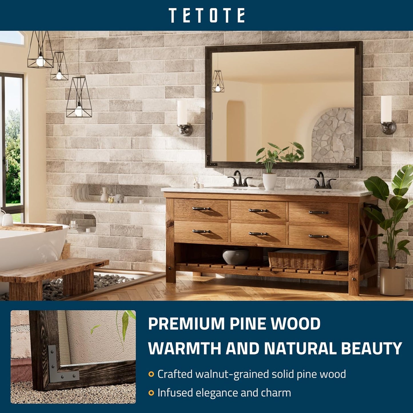 TETOTE 48 x 36 Black Wood Framed Mirror for Bathroom Wall/Bedroom/Living Room/Entryway Farmhouse Rustic Bathroom Vanity Mirror Waterproof (Horizontal/Vertical Mounted)