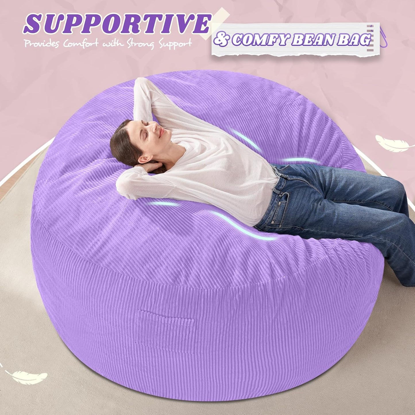 HABUTWAY 4FT Bean Bag Chair,Giant Bean Bag Chairs for Adults,Big Bean Bags with Memory Foam Filled, Large Beanbag Chairs with Soft Corduroy Cover-Purple