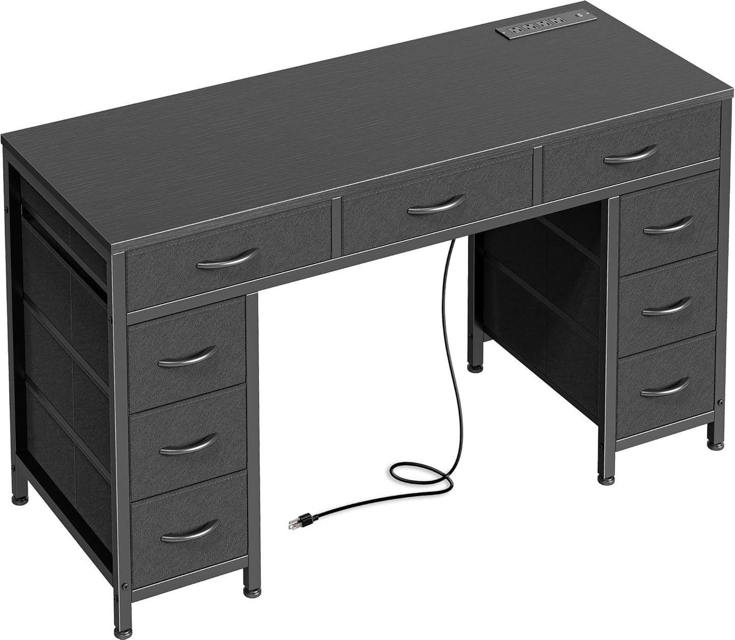 PRAISUN 47 Inch Office Desk with Outlets, Computer Desk with 9 Fabric Drawers, Writing Gaming Work Study Desk for Bedroom, Living Room, Home Office, Large Storage, Black