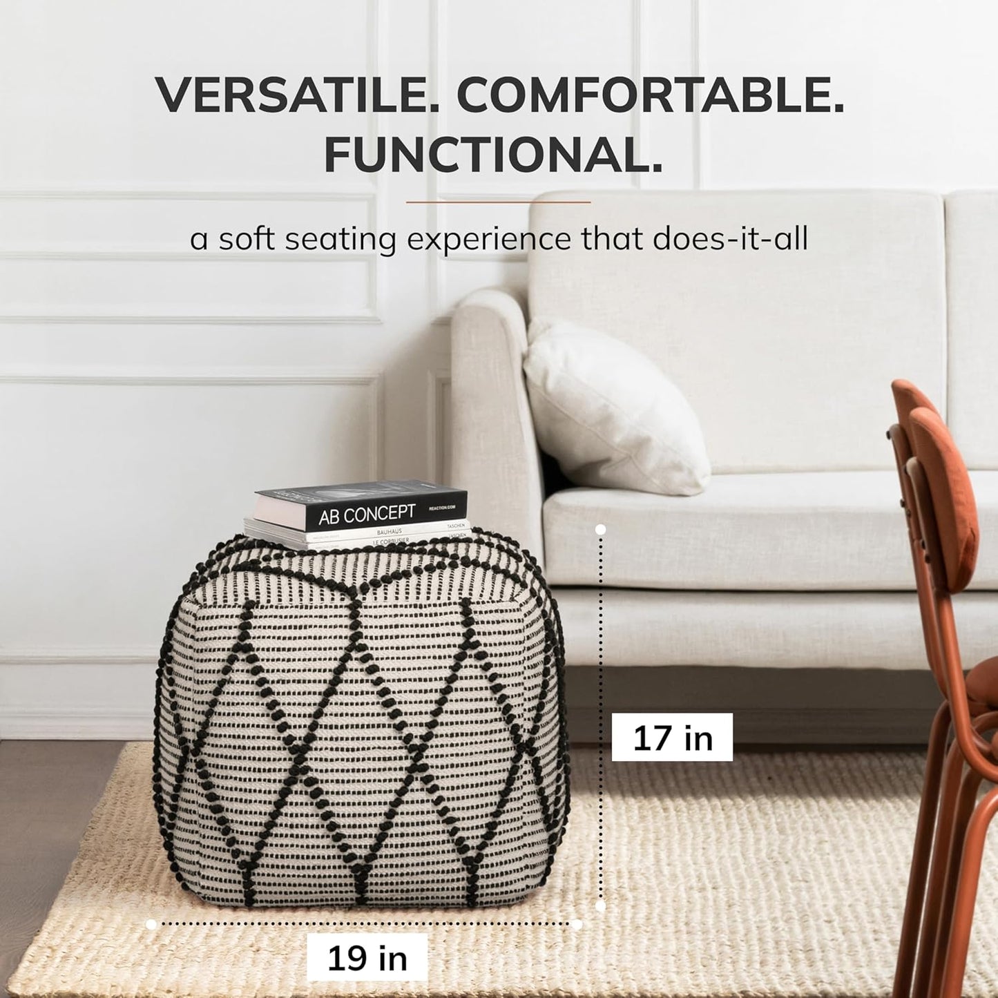 Anji Mountain 100% Handmade & Handcrafted Comfortable Home Décor Pouf Ottoman Footrest for Living Room, Bedroom, Nursery, Kidsroom, Patio Furniture - (19" x 19" x 17"- Black,White)