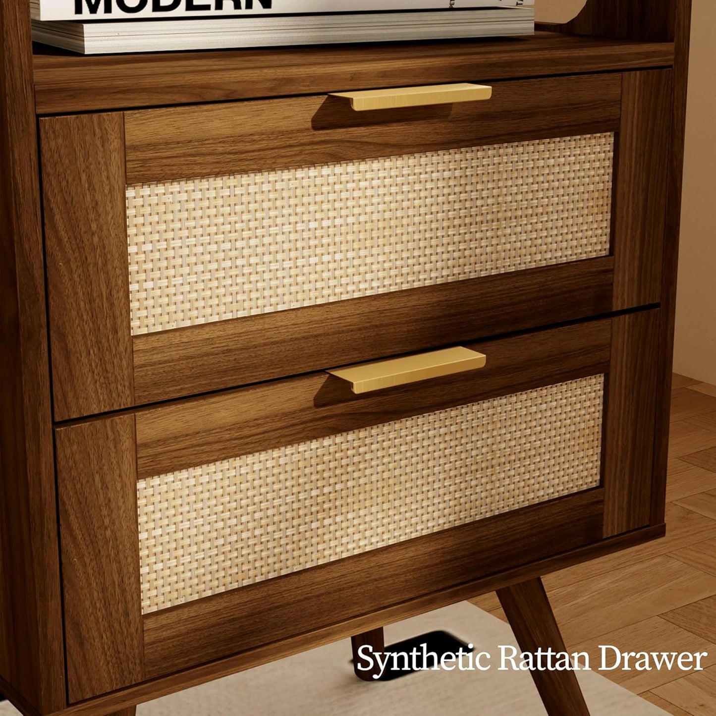 Rattan Nightstand with Charging Station,Farmhouse Bedside Table with 2 Storage Drawer and Open Wood Shelf, for Bedroom and Small Spaces,Night Stand with Solid Wood Legs (Walnut Brown-Outlet)