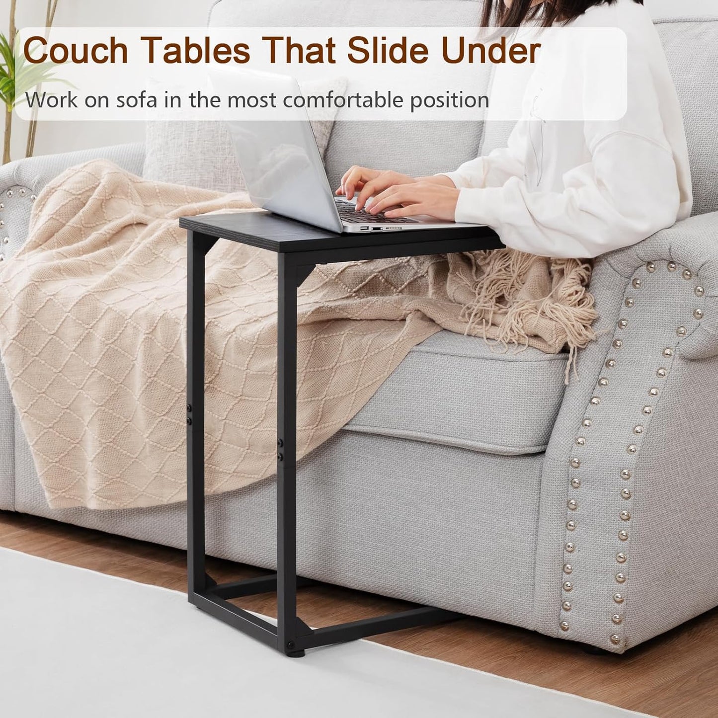 AMHANCIBLE C Shaped End Table Set of 2, Couch Tables That Slide Under, TV Tray Snack Table for Sofa, Small Side Table for Couch, Small Space, Living Room, Black, HET02CBK