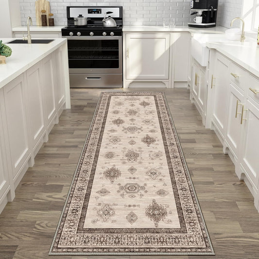 2X5 Area Rugs Machine Washable Rugs for Living Room, Vintage Boho Large Rugs for Bedroom Dining Room, Non Slip Indoor Soft Distressed Lightweight Thin Low Pile Carpet, Beige