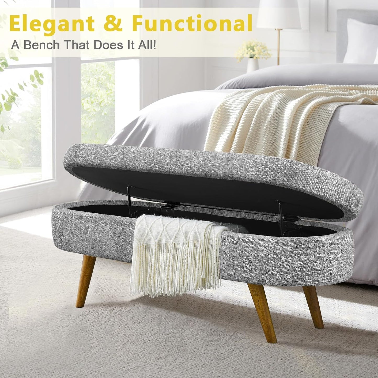 NicBex Ottoman Bench with Storage for Bedroom, 43.5" Upholstered End of Bed Bench with Rubber Wood Legs, Linen Storage Bench for Living Room or Entryway,