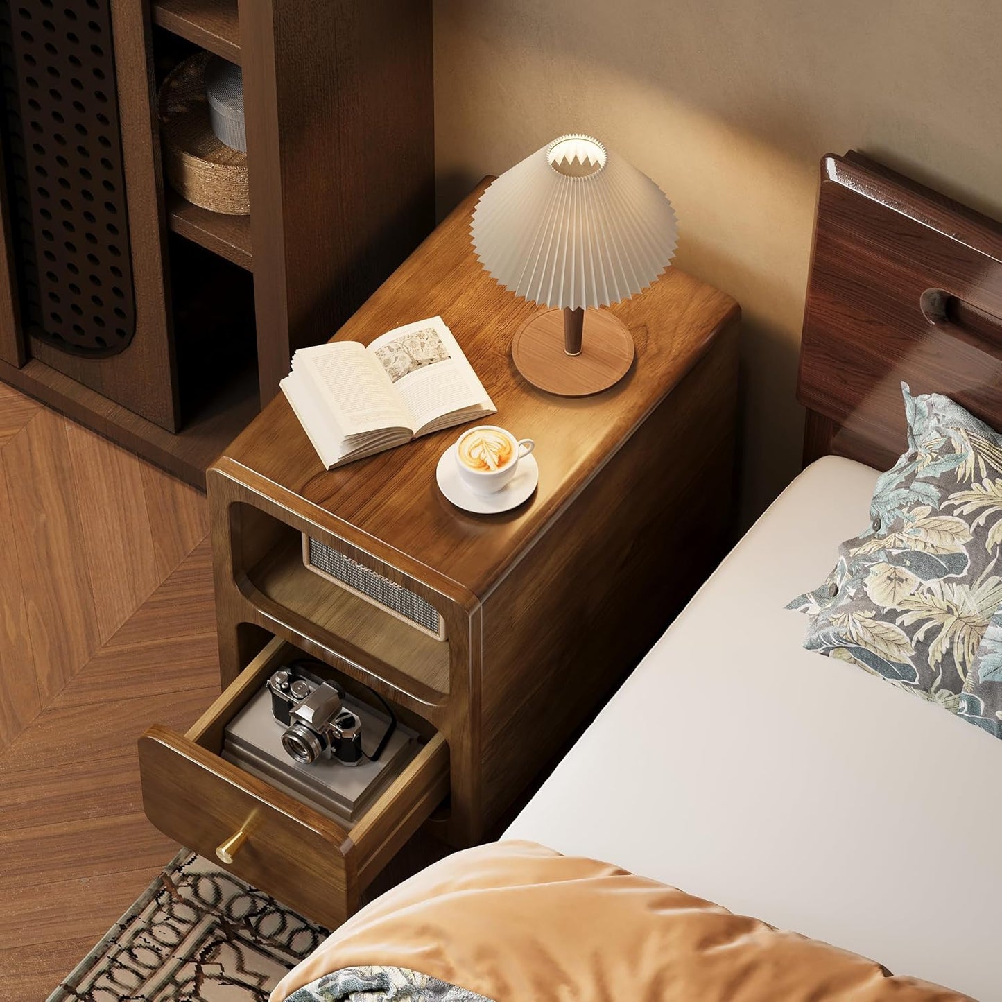 Solid Wood Nightstand, Narrow Night Stand with Drawers, Walnut Mid Century Modern Nightstand, Small Beside Table with Open Storage Shelf for Bedroom (12 inch)